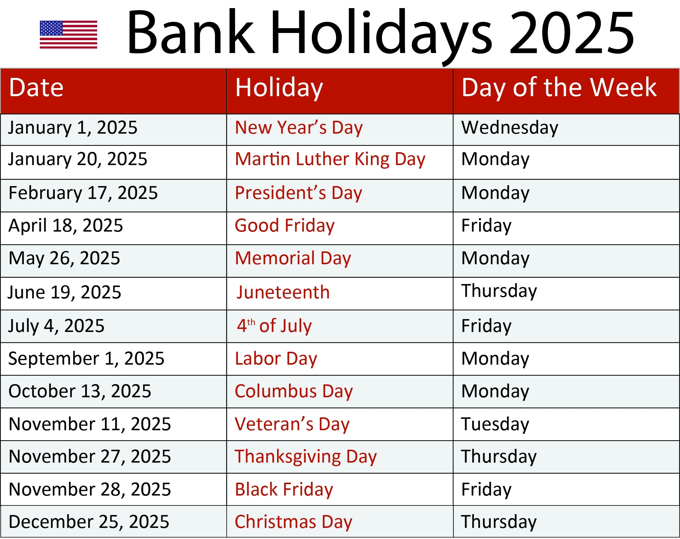 2020 Holiday Calendar The Bank
