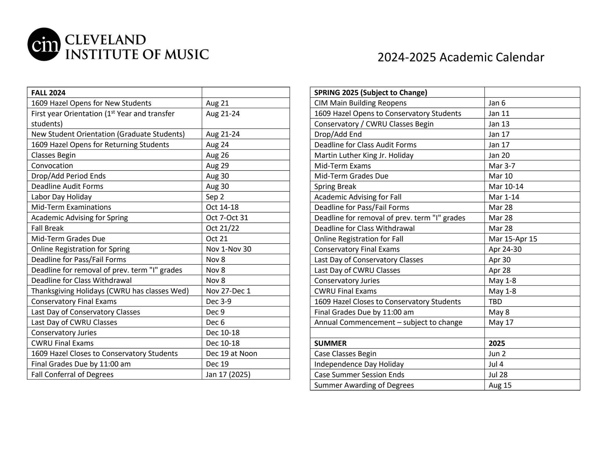 2024 25 Academic Calendar By Cleveland Institute Of Music Issuu