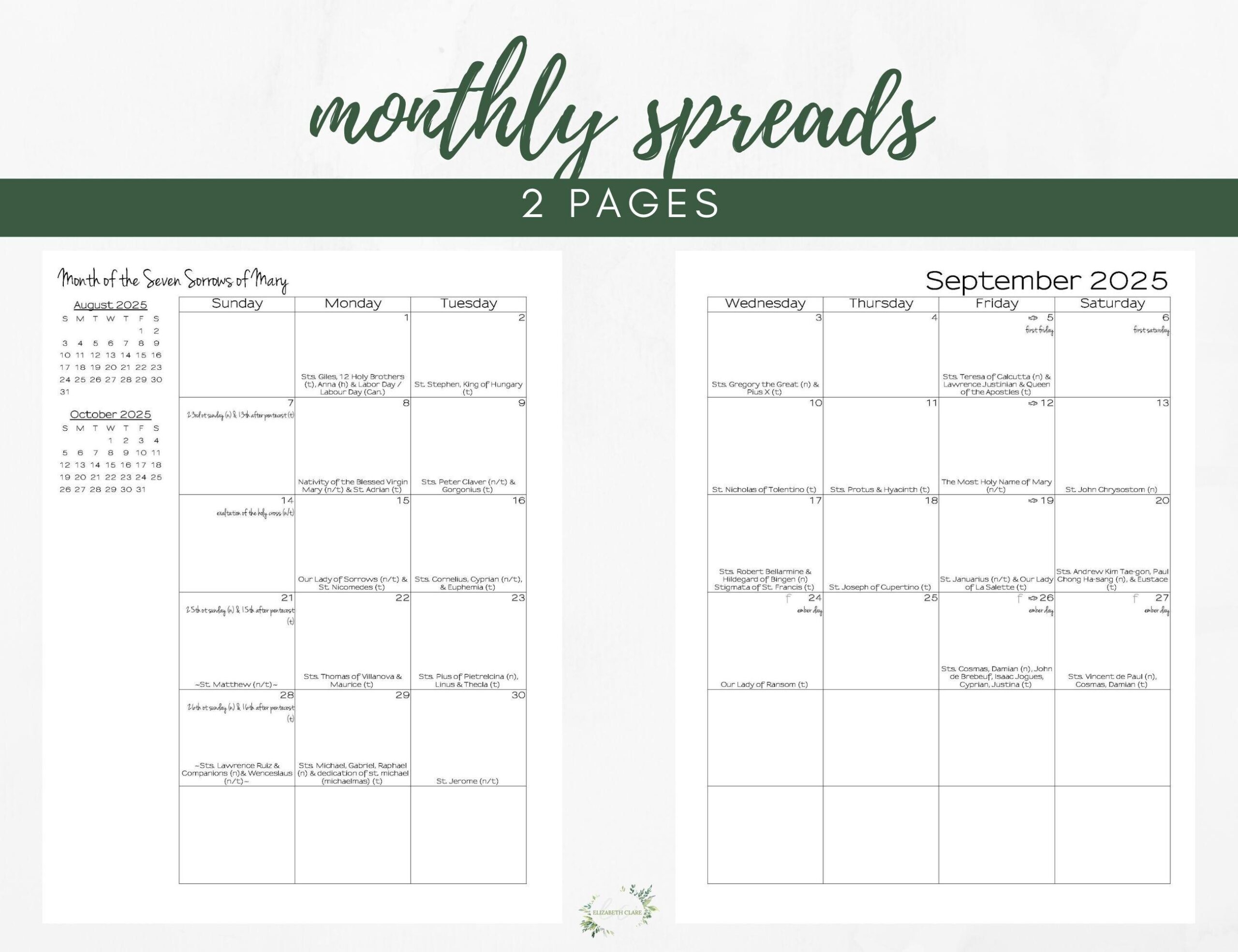 2025 2026 Monthly Catholic Planner Printable PDF Monthly Calendar 