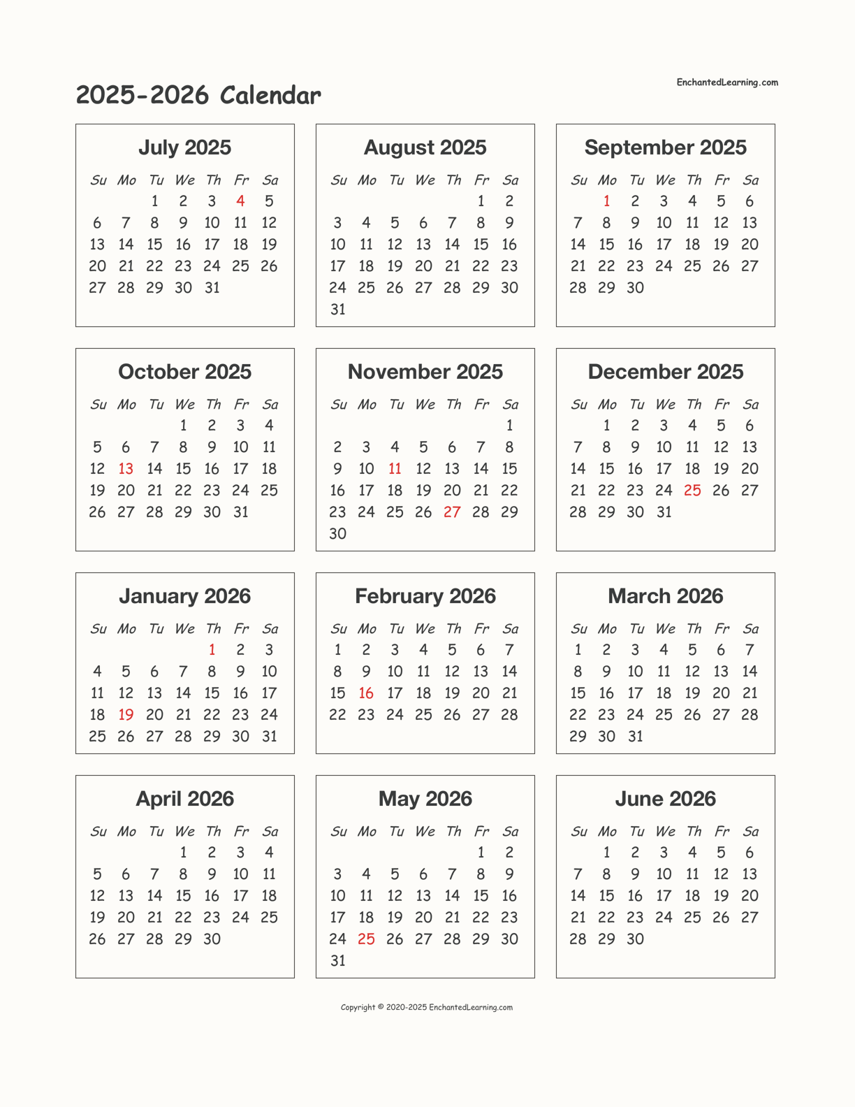 Calendar August 2025 To July 2026