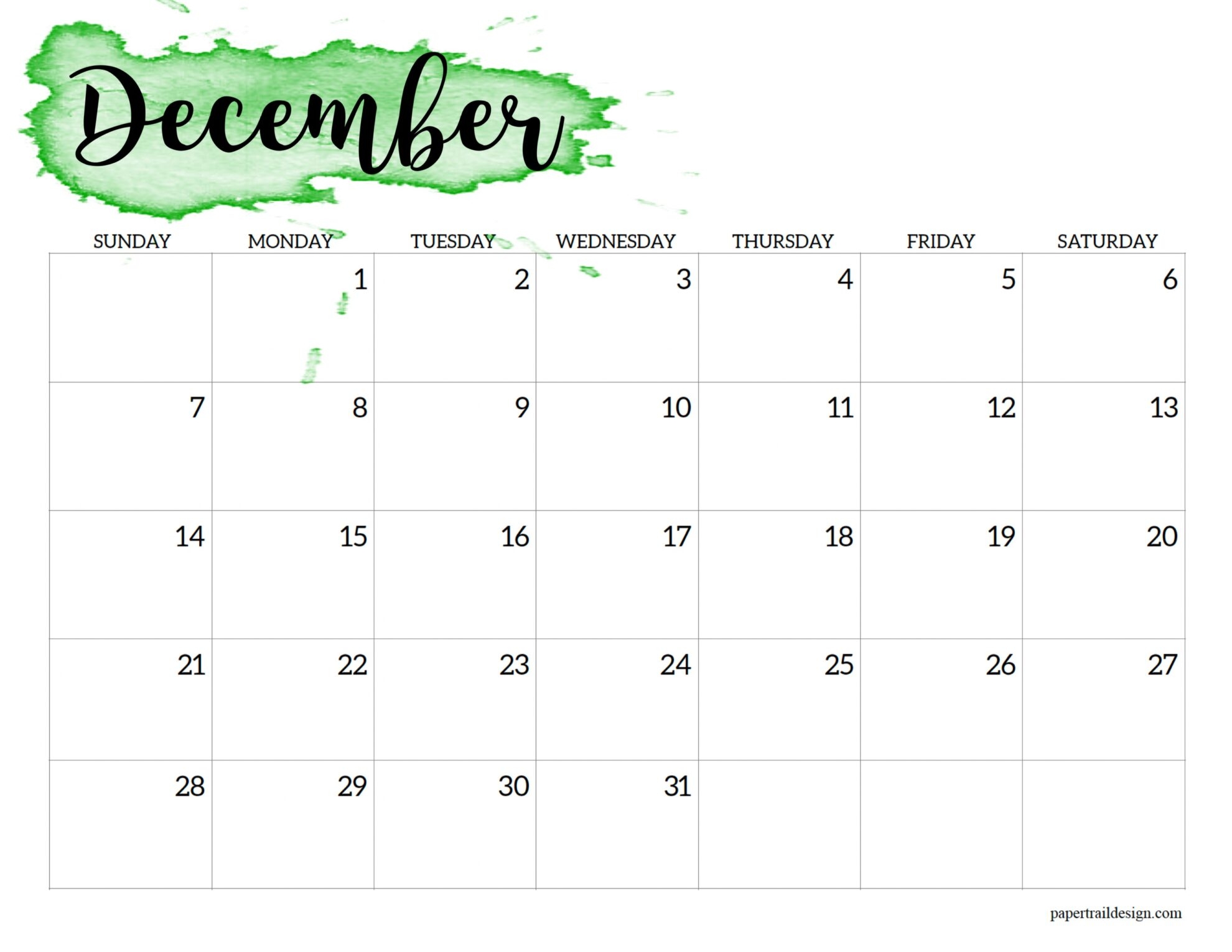 December 2025 Calendar Horizontal