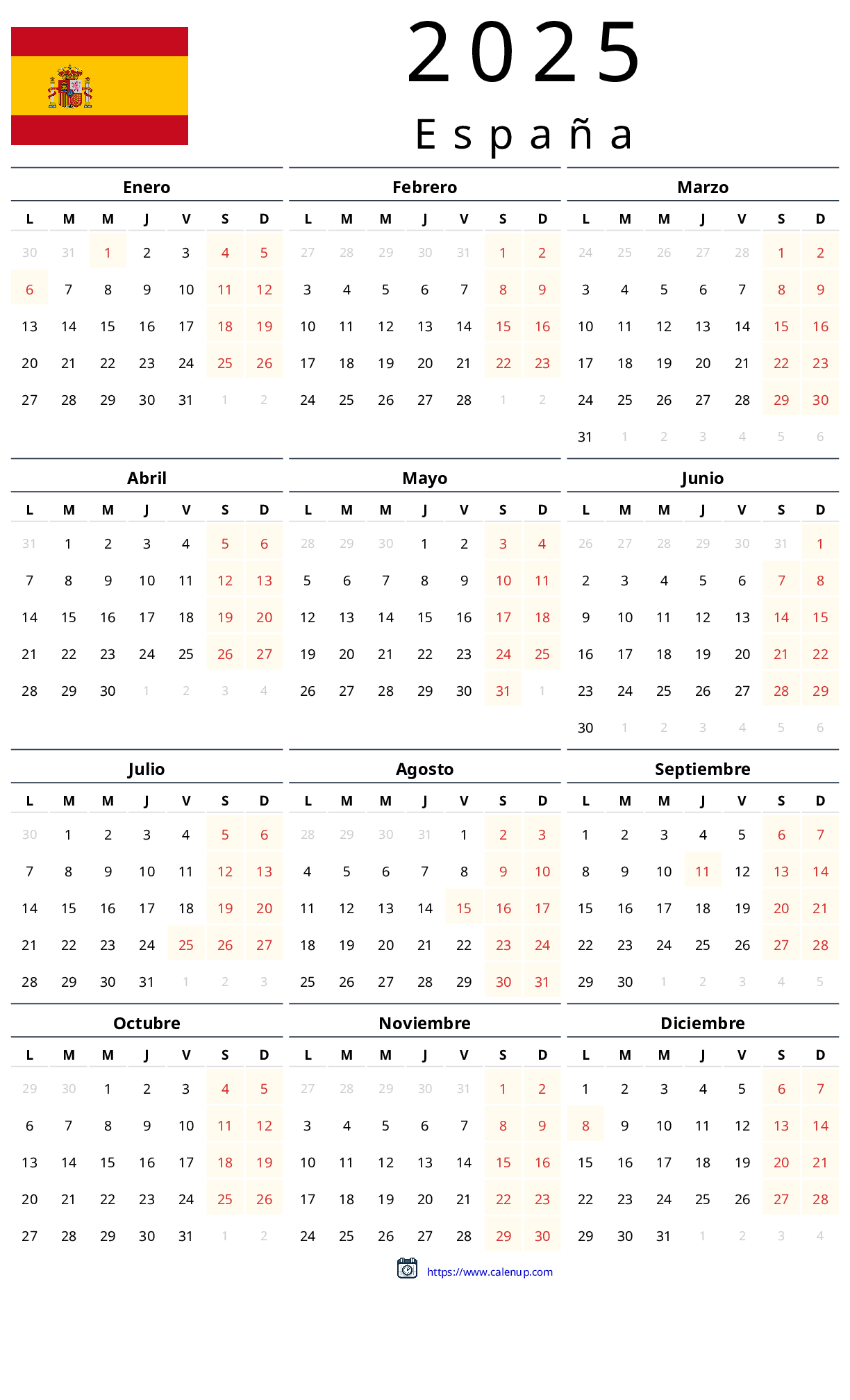 2025 Calendar Printable With Holidays For Spain CalenUP