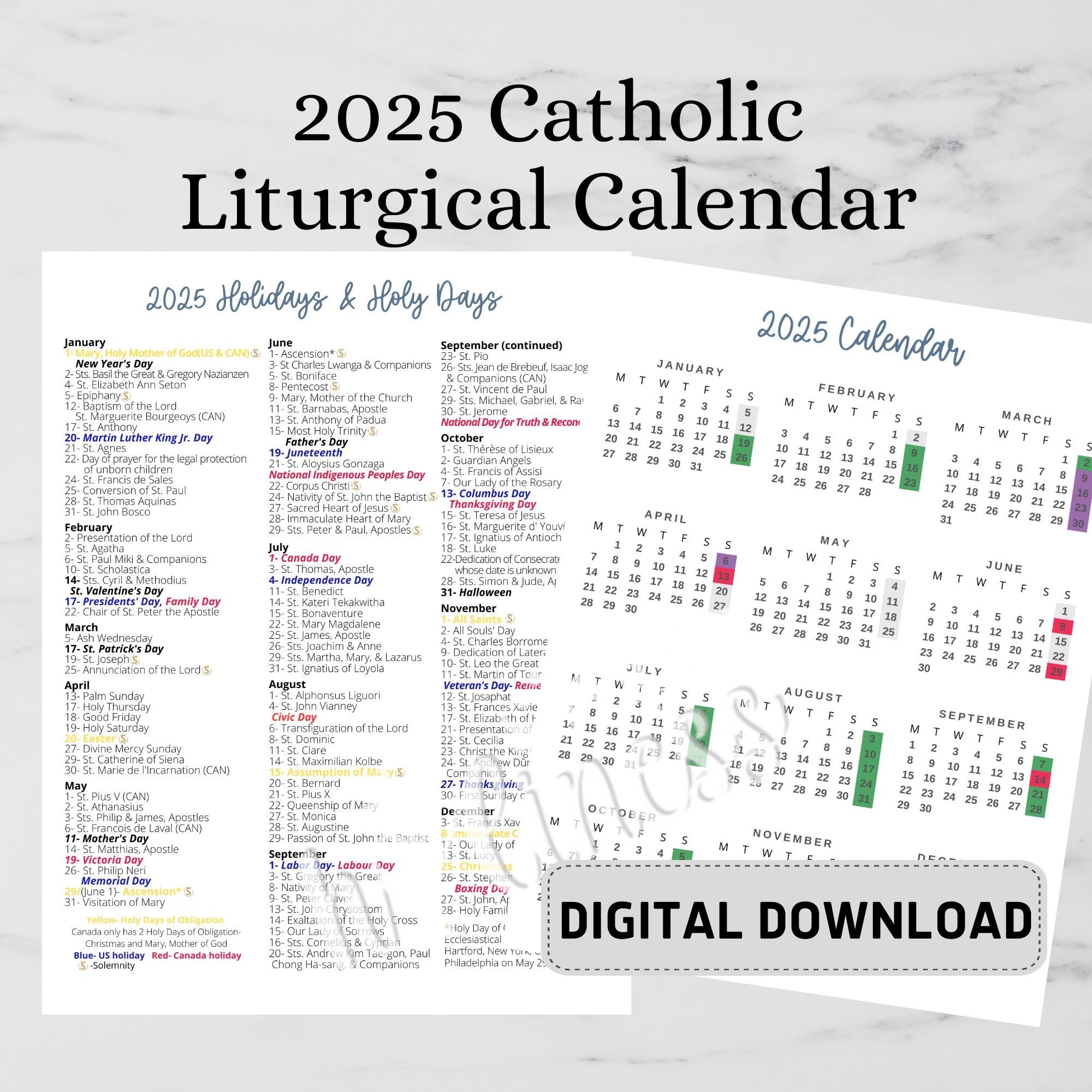 2025 Catholic Calendar DIGITAL DOWNLOAD