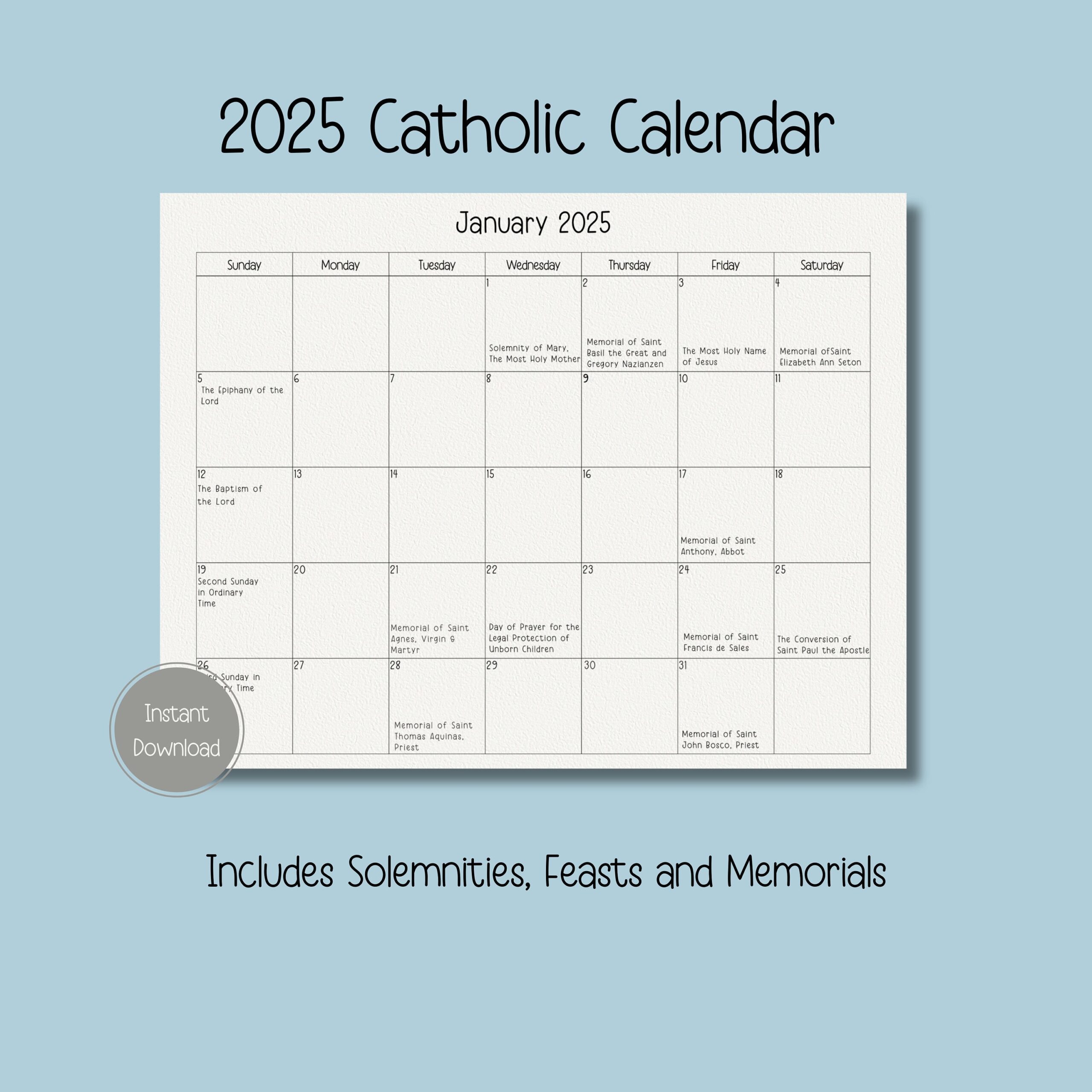 Catholic Calendar For December 2025