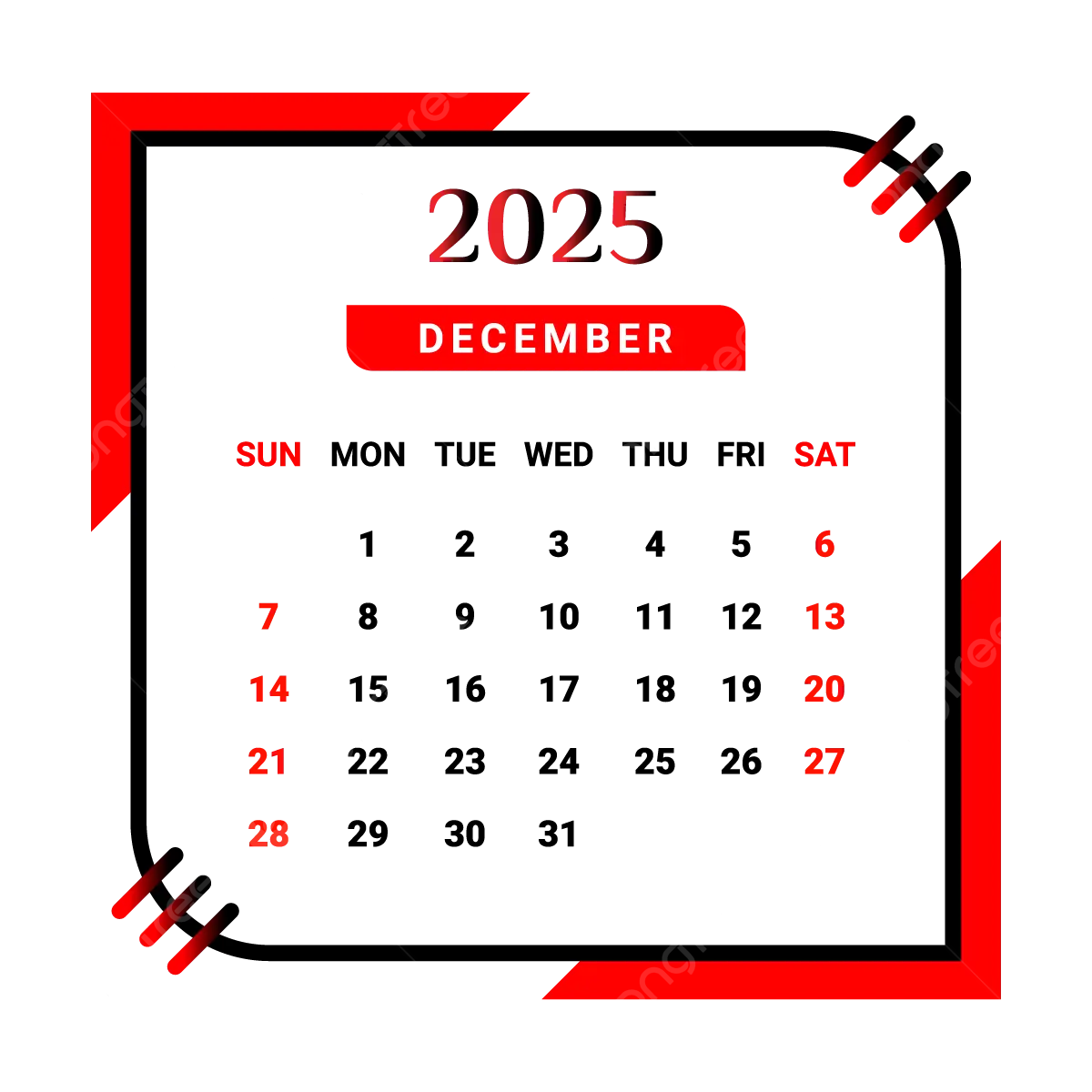 2025 December Month Calendar With Black And Red Vector Monthly 