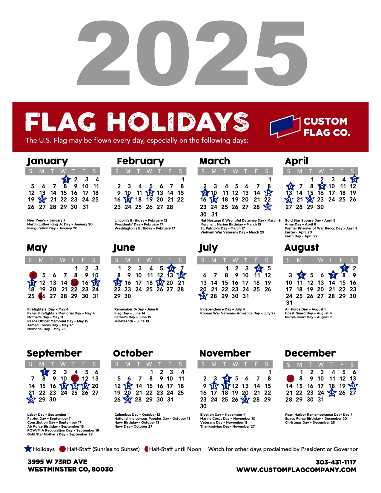 2025 Flag Flying Calendar Custom Flag Company