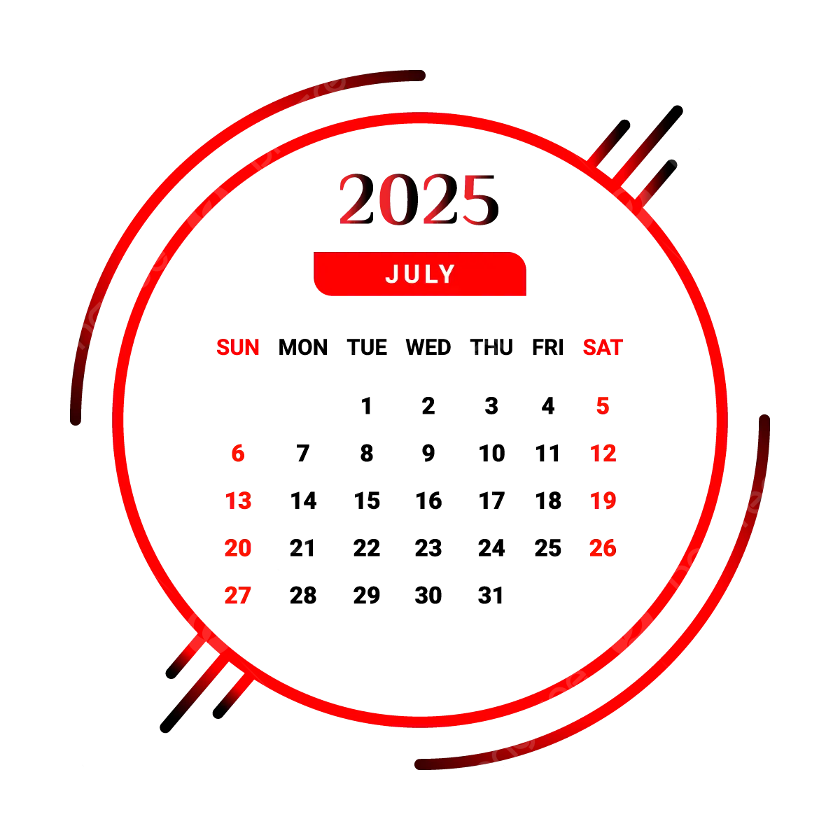 2025 July Month Calendar Red And Black Vector Monthly Calendar Calendar July 2025 PNG And Vector With Transparent Background For Free Download
