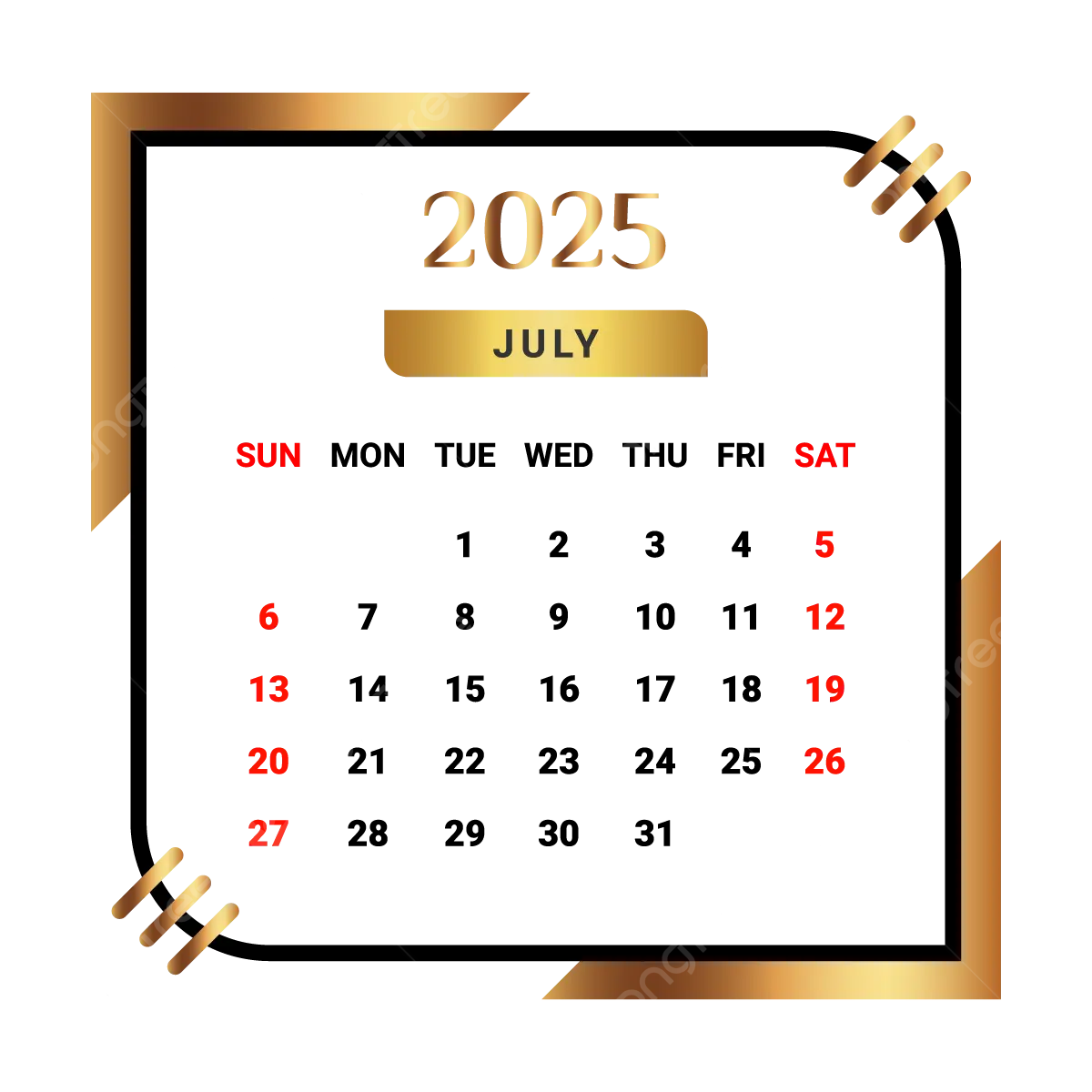 2025 July Month Calendar With Black And Golden Vector Monthly 