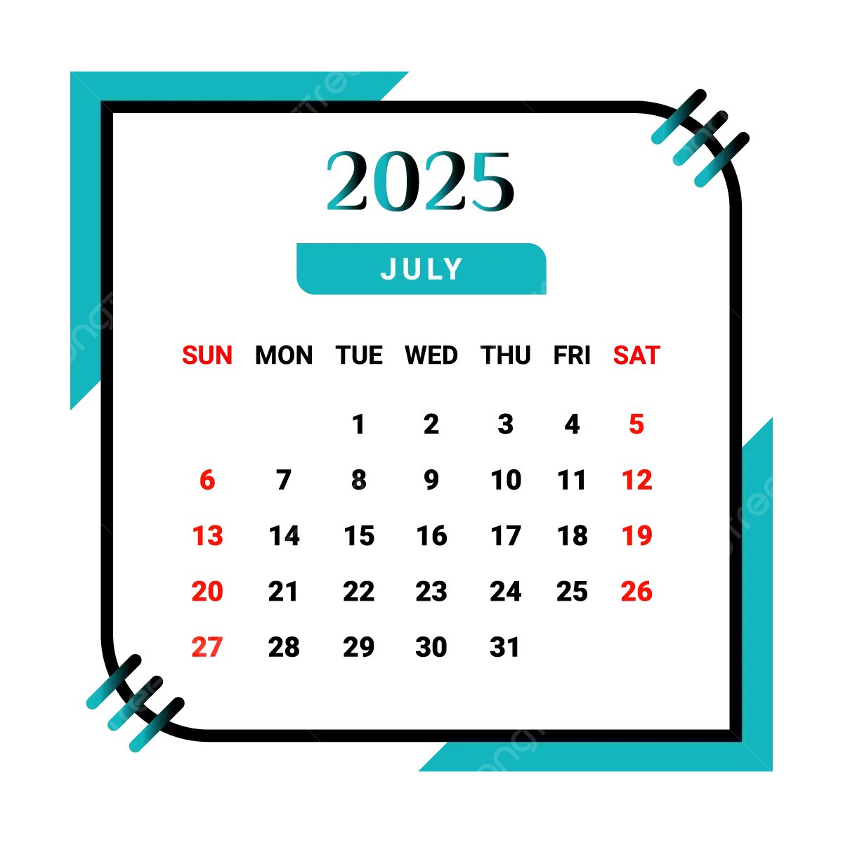 July 2025 Calendar Black Background Png