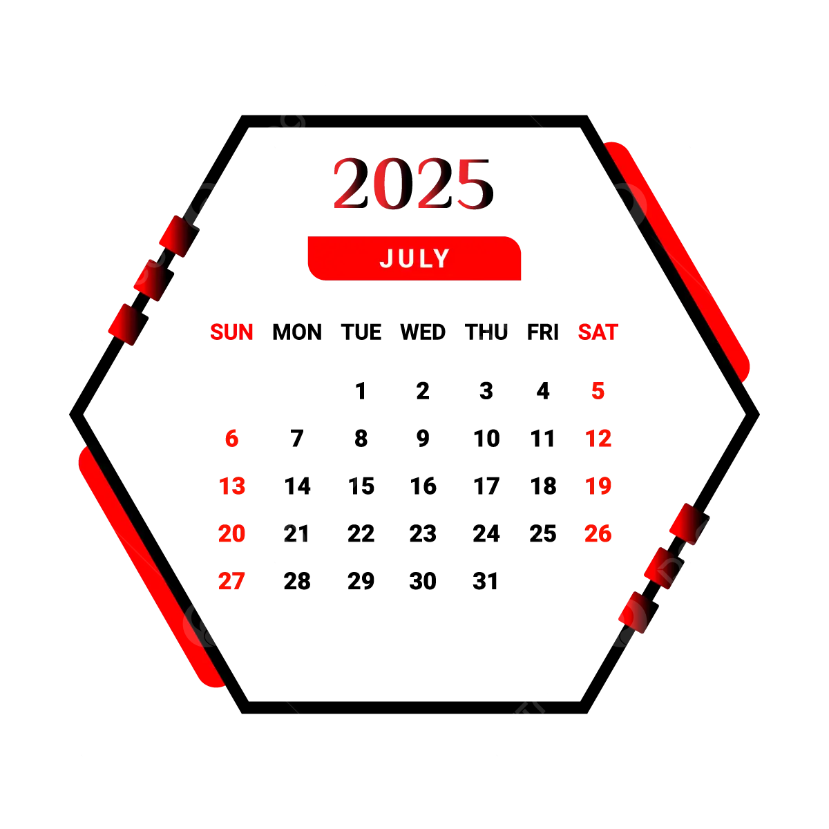 2025 July Month Calendar With Red And Black Geometric Style Vector Monthly Calendar Calendar July 2025 PNG And Vector With Transparent Background For Free Download