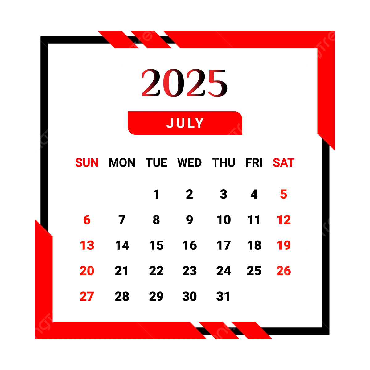 2025 July Month Calendar With Red And Black Unique Style Vector Monthly Calendar Calendar July 2025 PNG And Vector With Transparent Background For Free Download