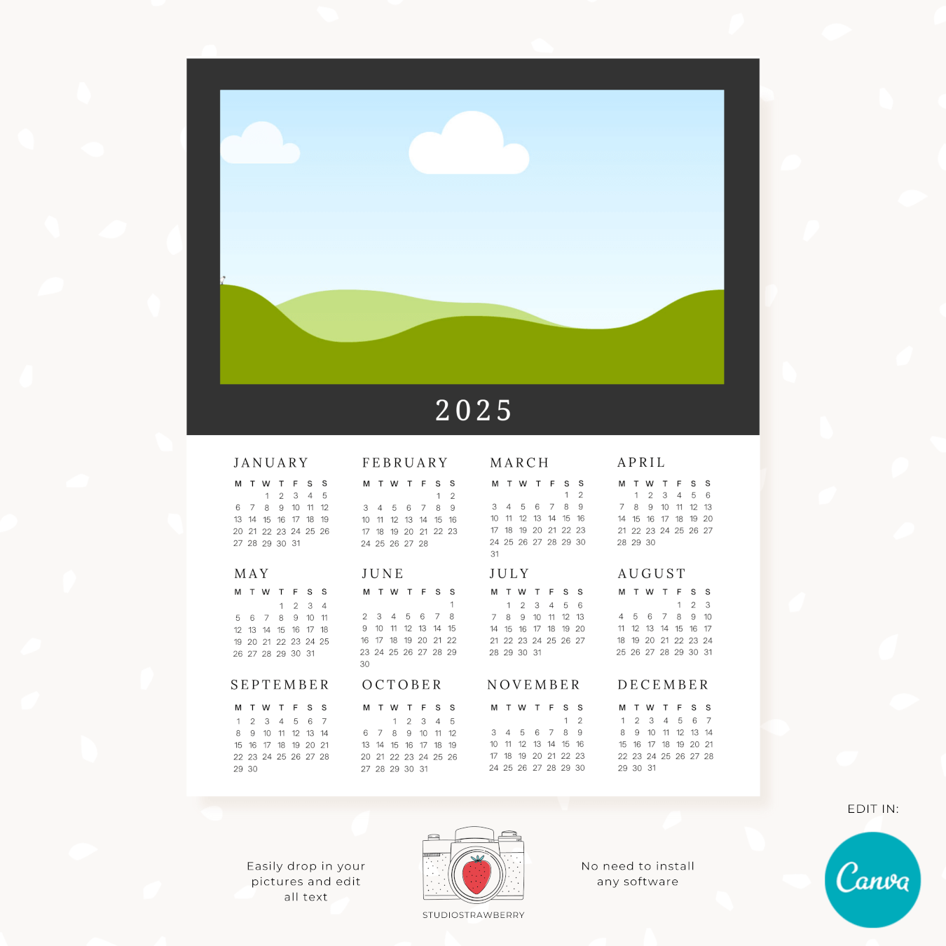 2025 Photo Calendar Template For Canva U0026 Photoshop Strawberry Kit