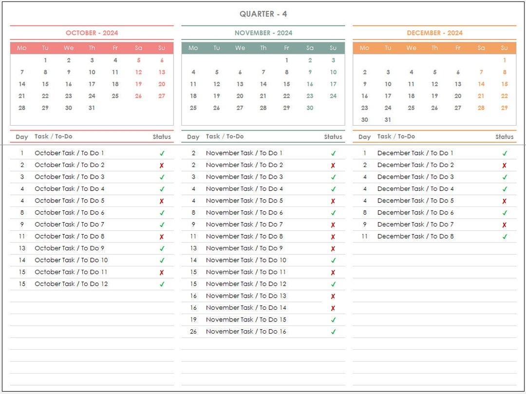 2025 Quarterly Calendar With Task List Excel Template 2025 