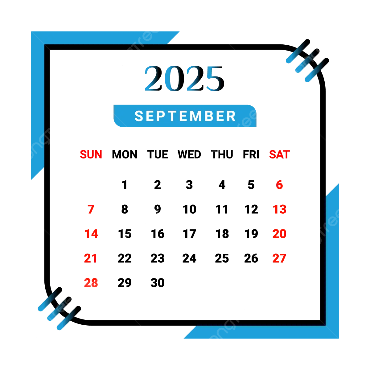 2025 September Month Calendar With Black And Skyblue Vector Monthly Calendar Calendar September 2025 PNG And Vector With Transparent Background For Free Download