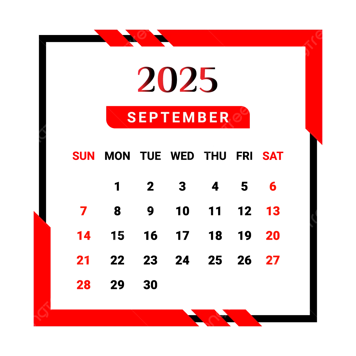 2025 September Month Calendar With Red And Black Unique Style Vector Monthly Calendar Calendar September 2025 PNG And Vector With Transparent Background For Free Download