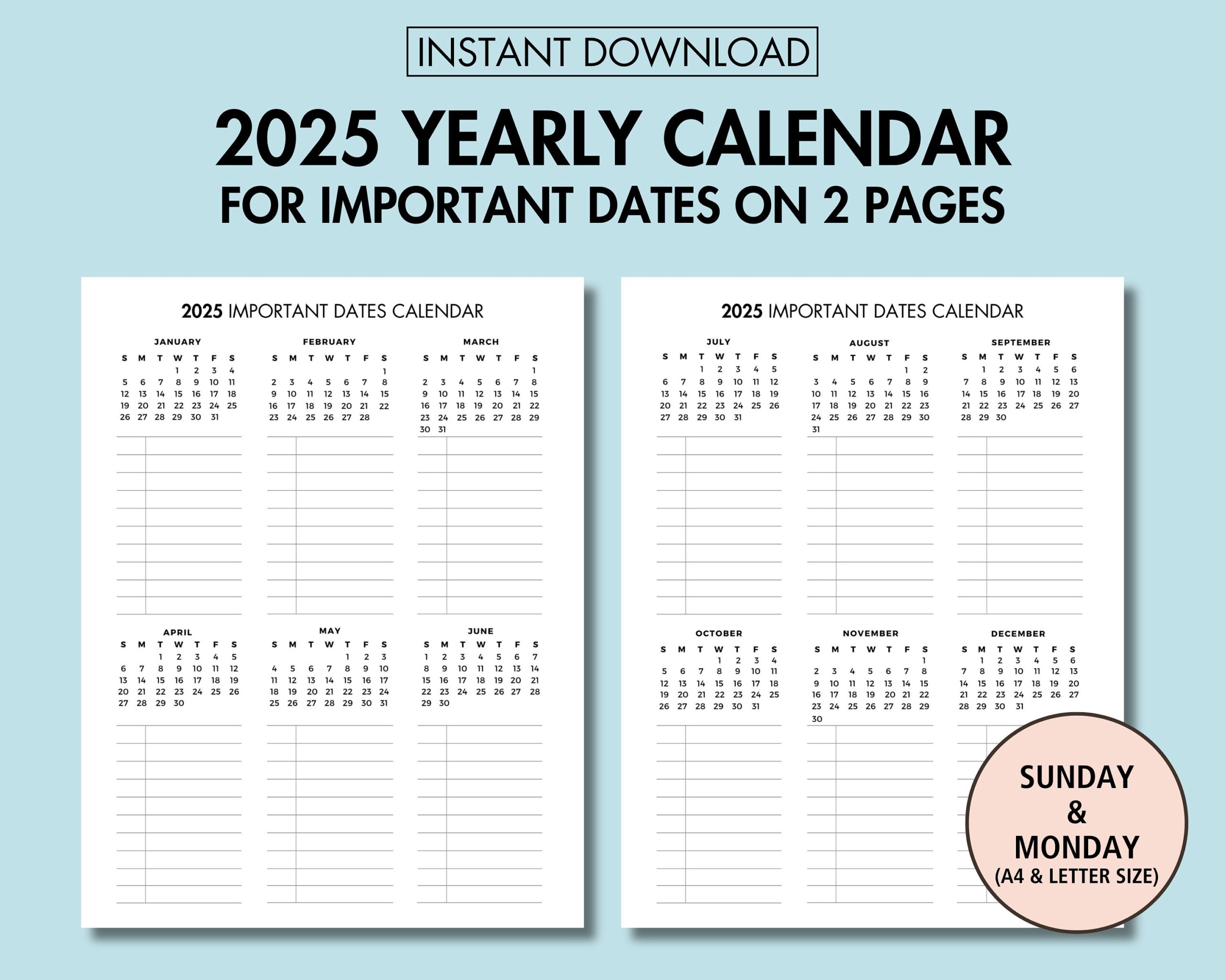 2025 Yearly Calendar For Important Date Printable Yearly Planner 2025 Year At A Glance PDF Yearly Overview Calendar Sunday U0026 Monday Start Etsy