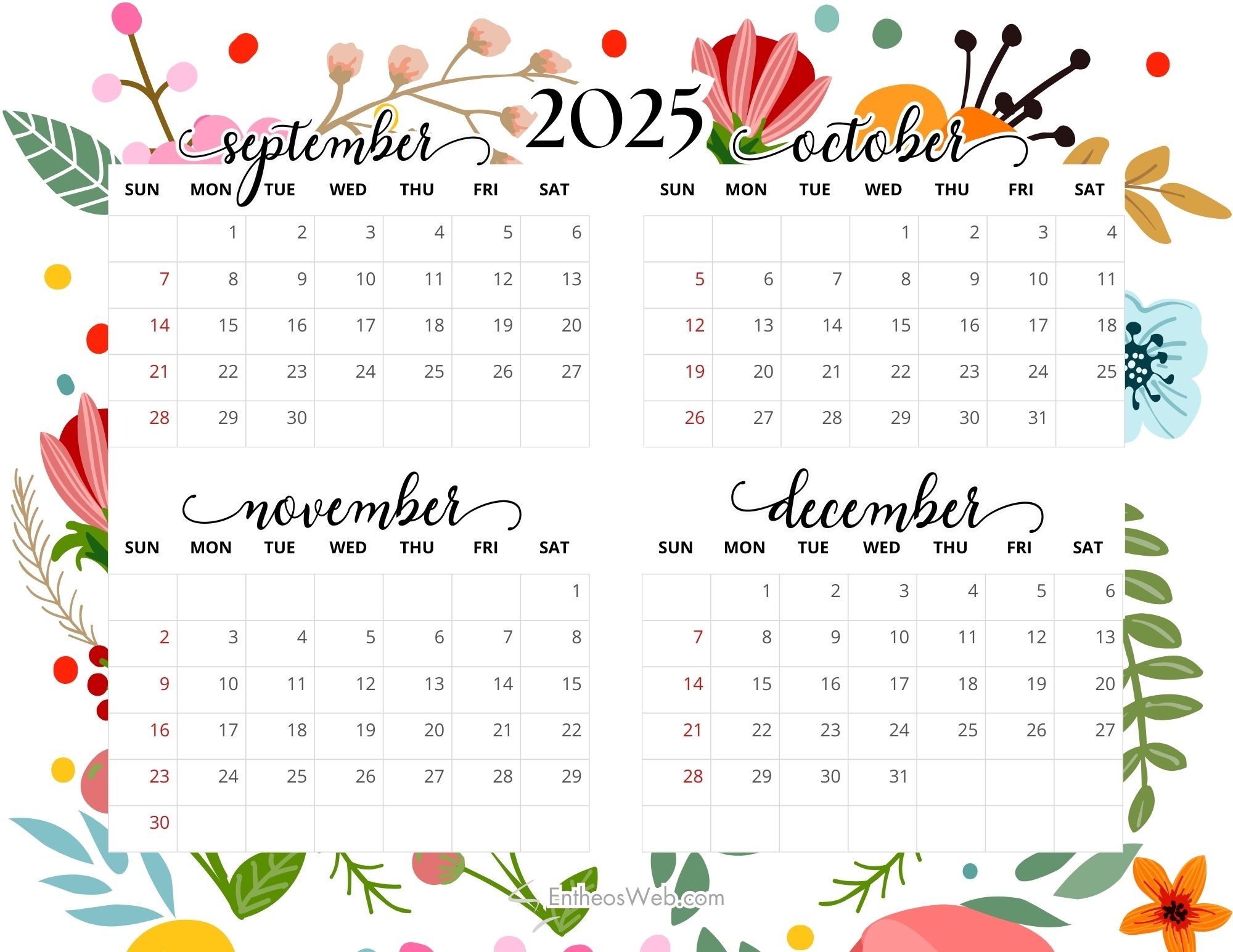 4 Month Calendar Printables September October November And December 2025 EntheosWeb