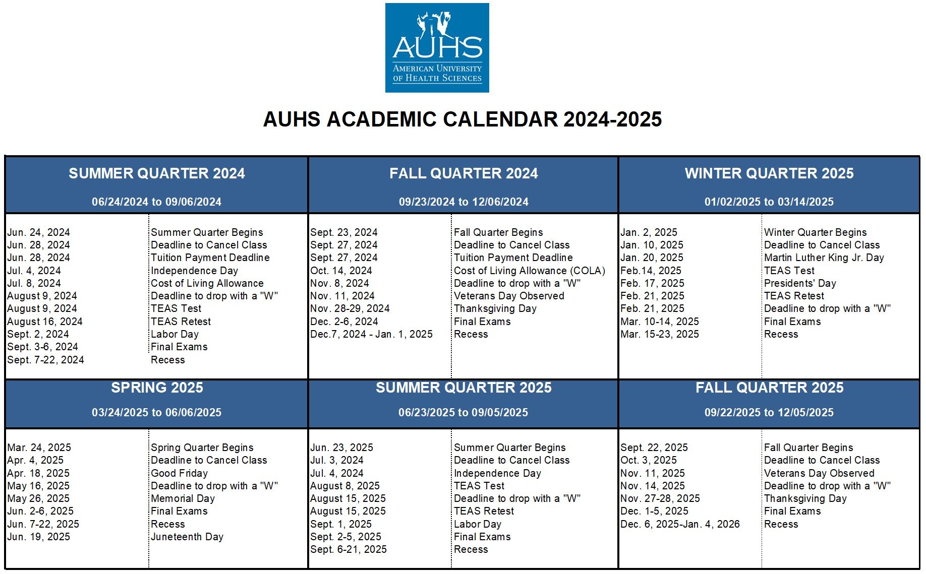 Academic Calendar American University Of Health Sciences