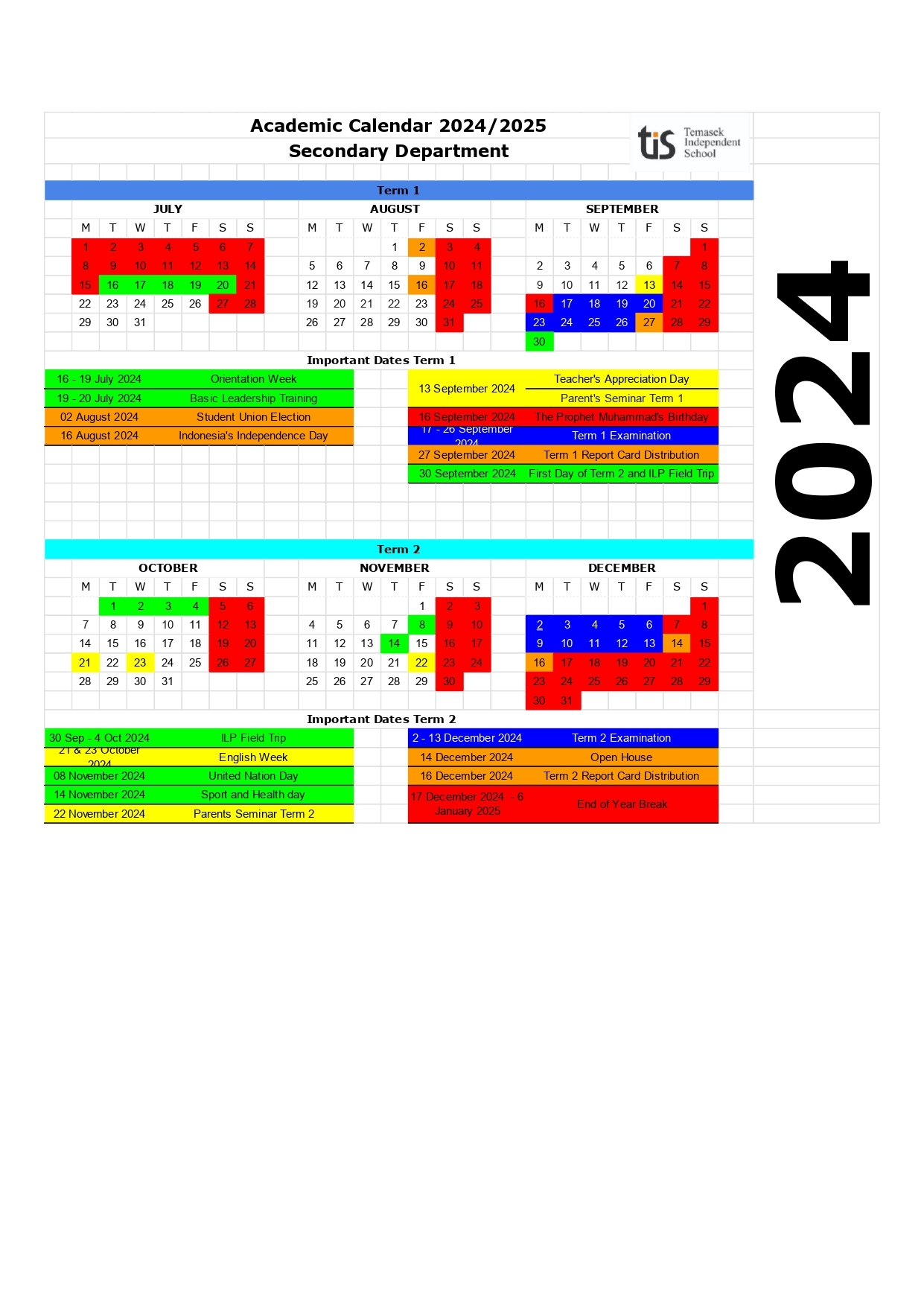 Academic Calendar Secondary Temasek Independent School Bandung