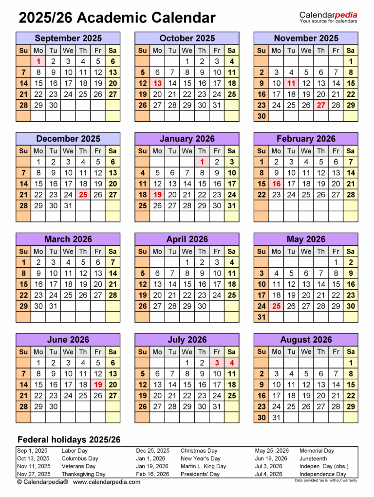 Academic Calendars 2025 2026 Free Printable Excel Templates