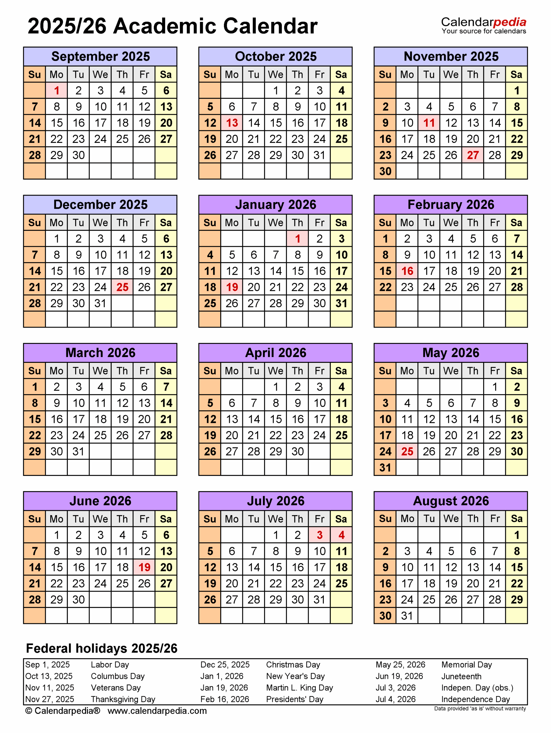 Academic Calendars 2025 2026 Free Printable Excel Templates