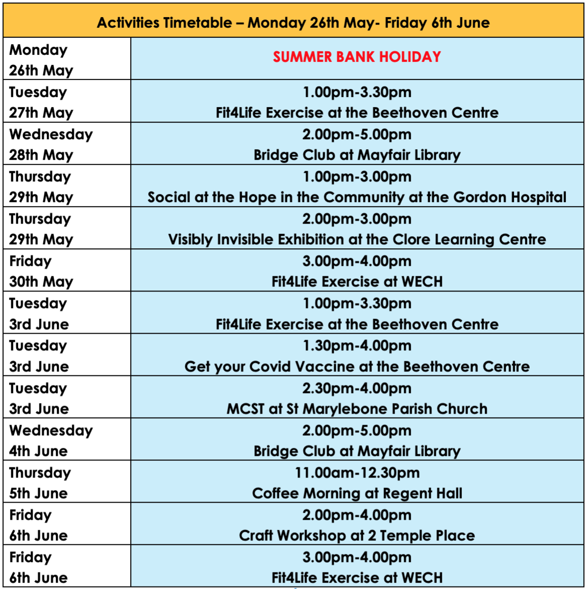 Age UK Westminster Activities Timetable