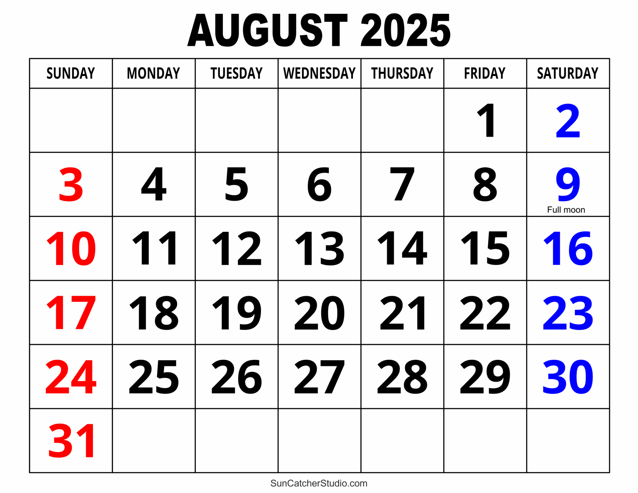 Free Printable Monthly Calendar August 2025