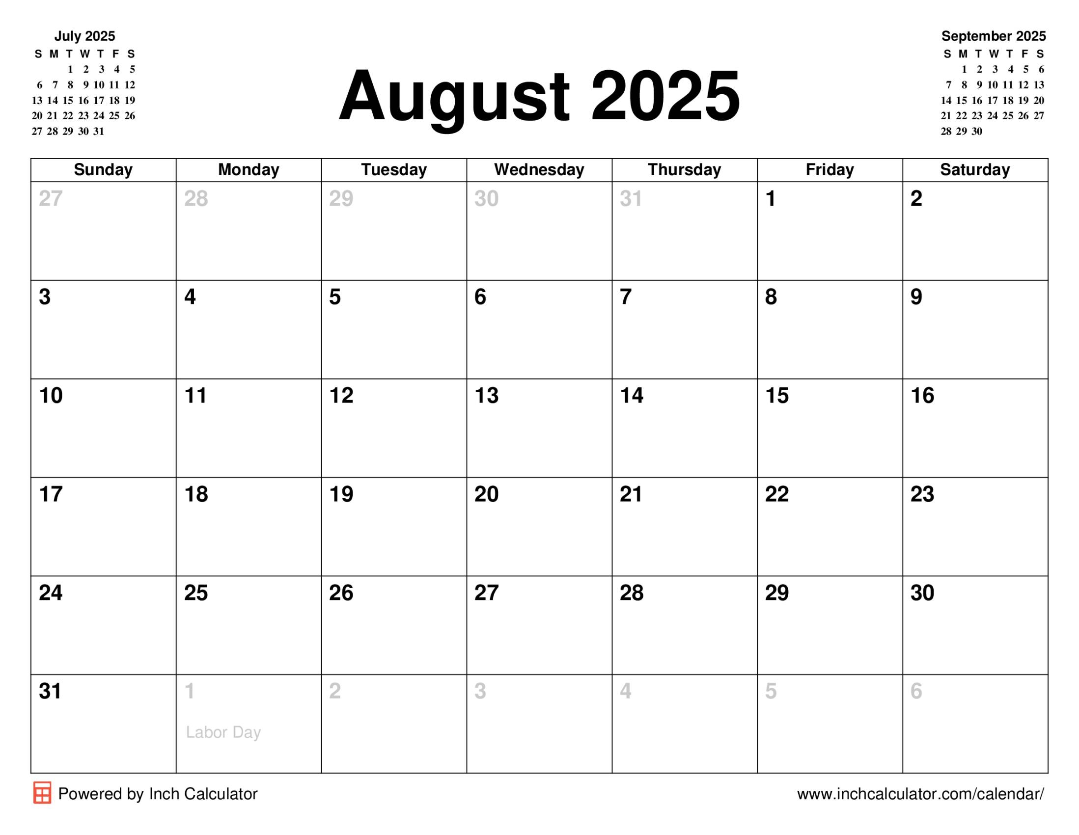 August 2025 Calendar Inch Calculator