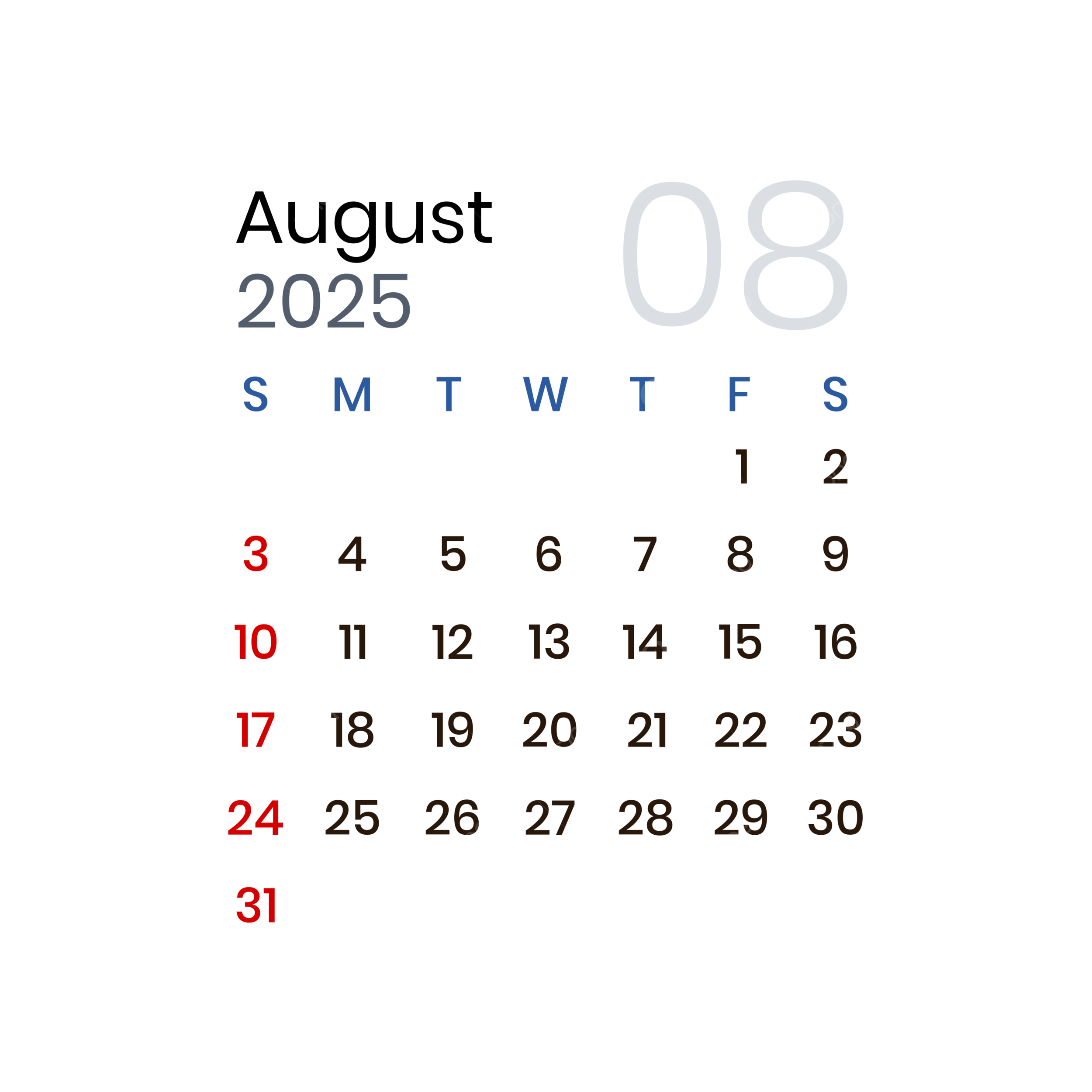 August 2025 Calendar Transparent Background