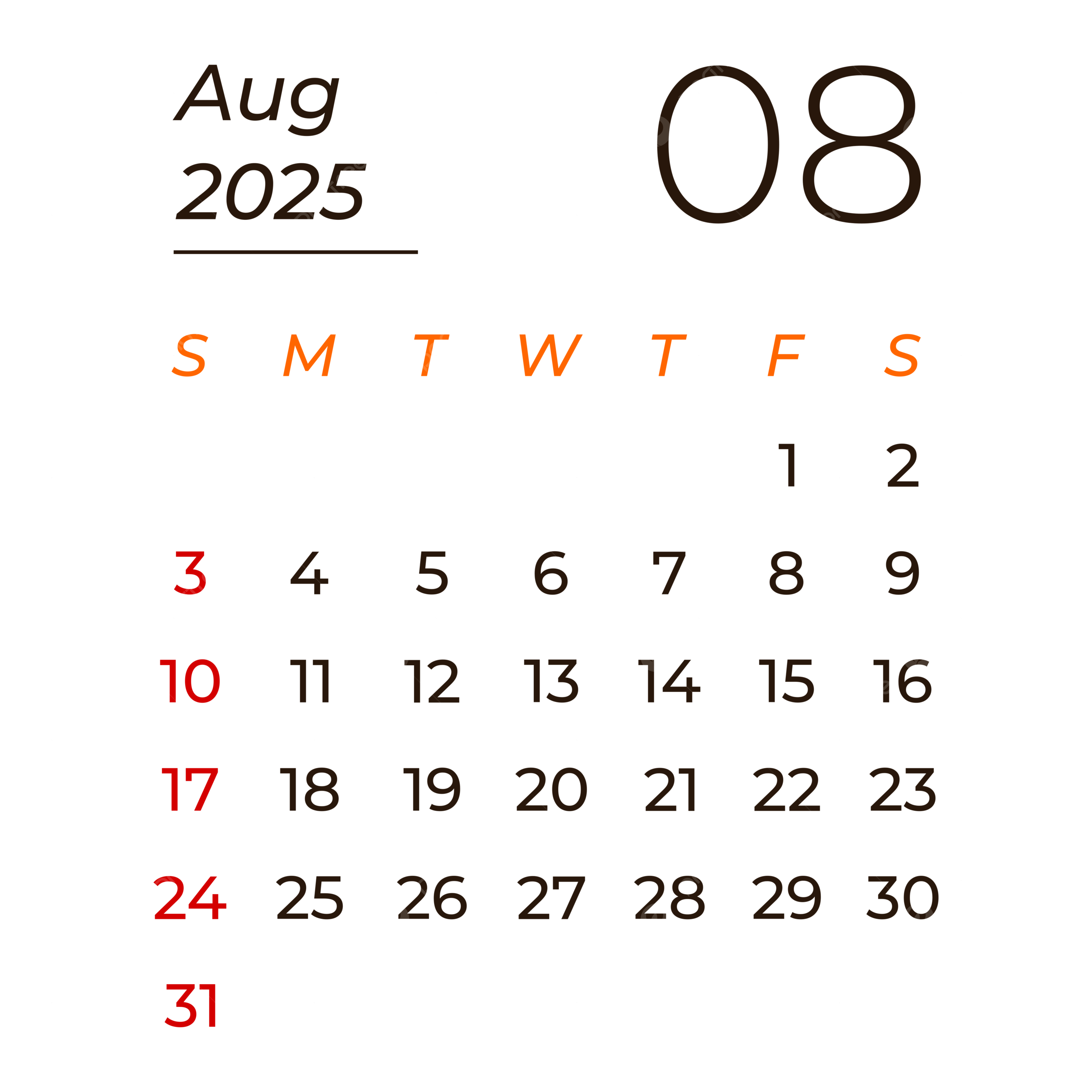 August 2025 Calendar PNG Transparent Images Free Download Vector Files Pngtree