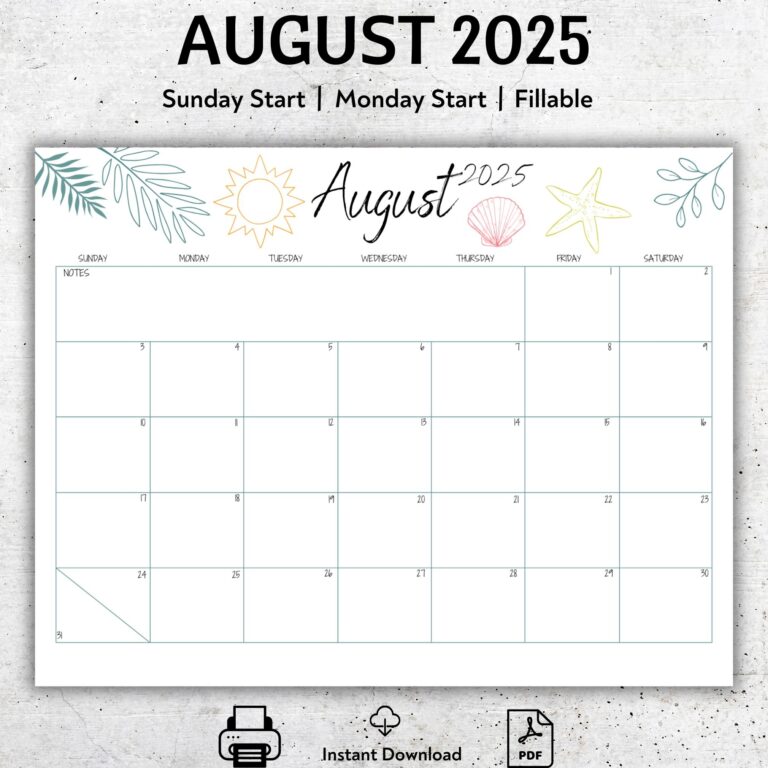 August 2025 Calendar Printable Minimalist Beach Design Editable PDF Template Sunday Or Monday Start Instant Download Etsy