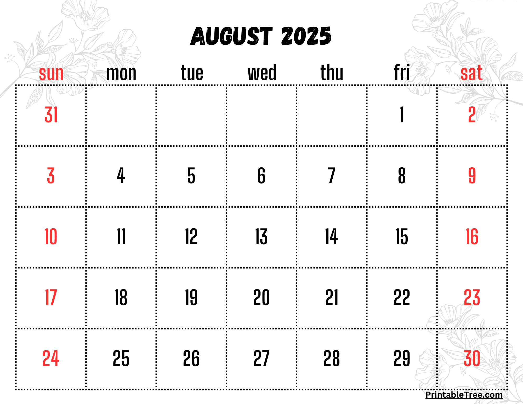 Calendar August 2025 Printable Free
