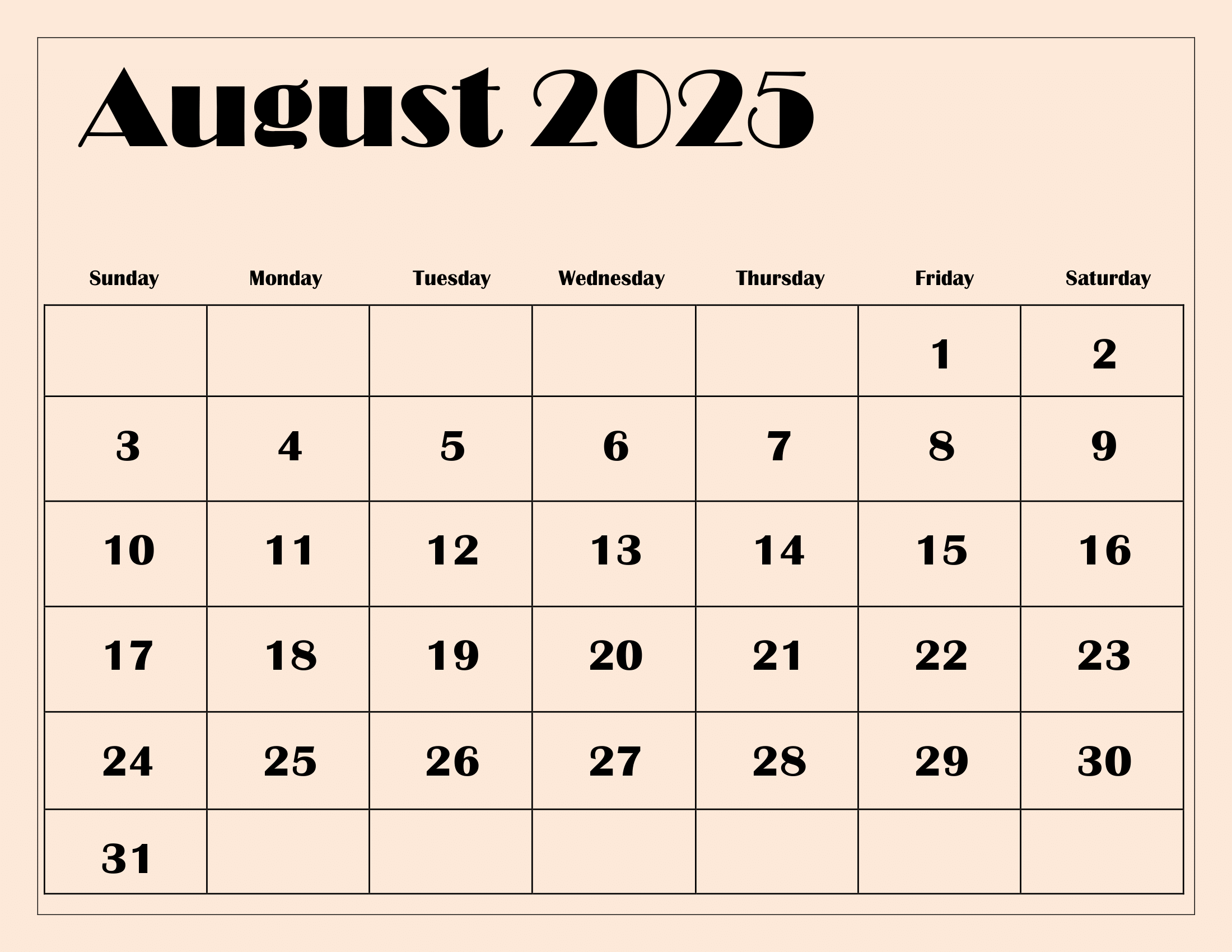 August 2025 Weekly Calendar