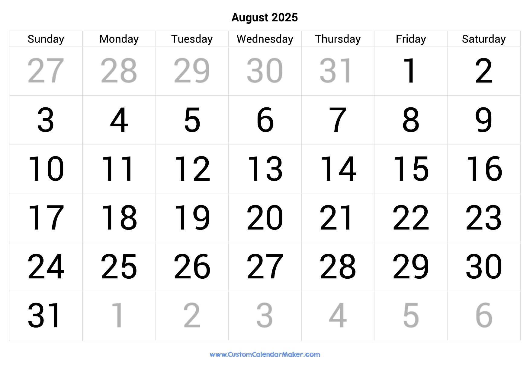 August 2025 Calendar Printable With Large Numbers Custom Calendar Maker