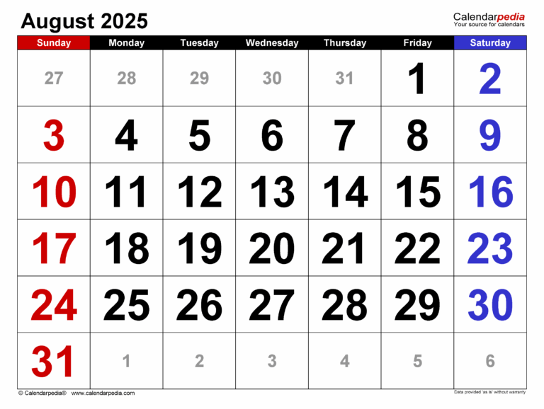 August 2025 Calendar Templates For PDF Excel And Word