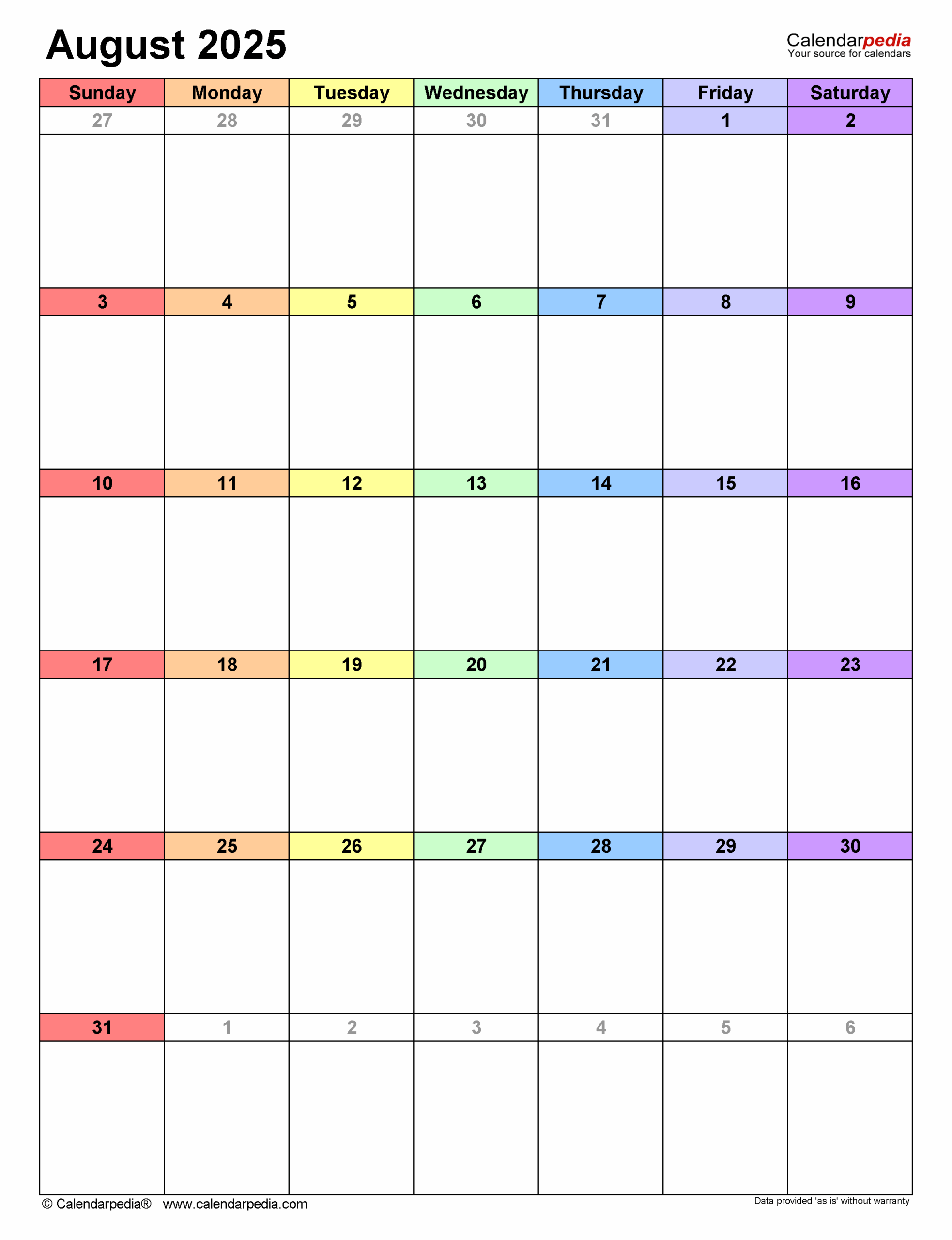 Calendar August 2025 Editable