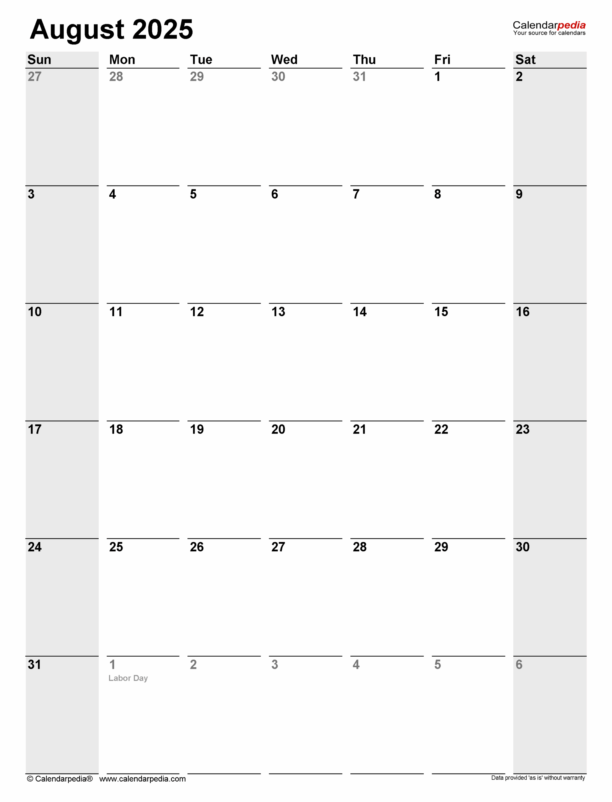 August 2025 Calendar Editable Word