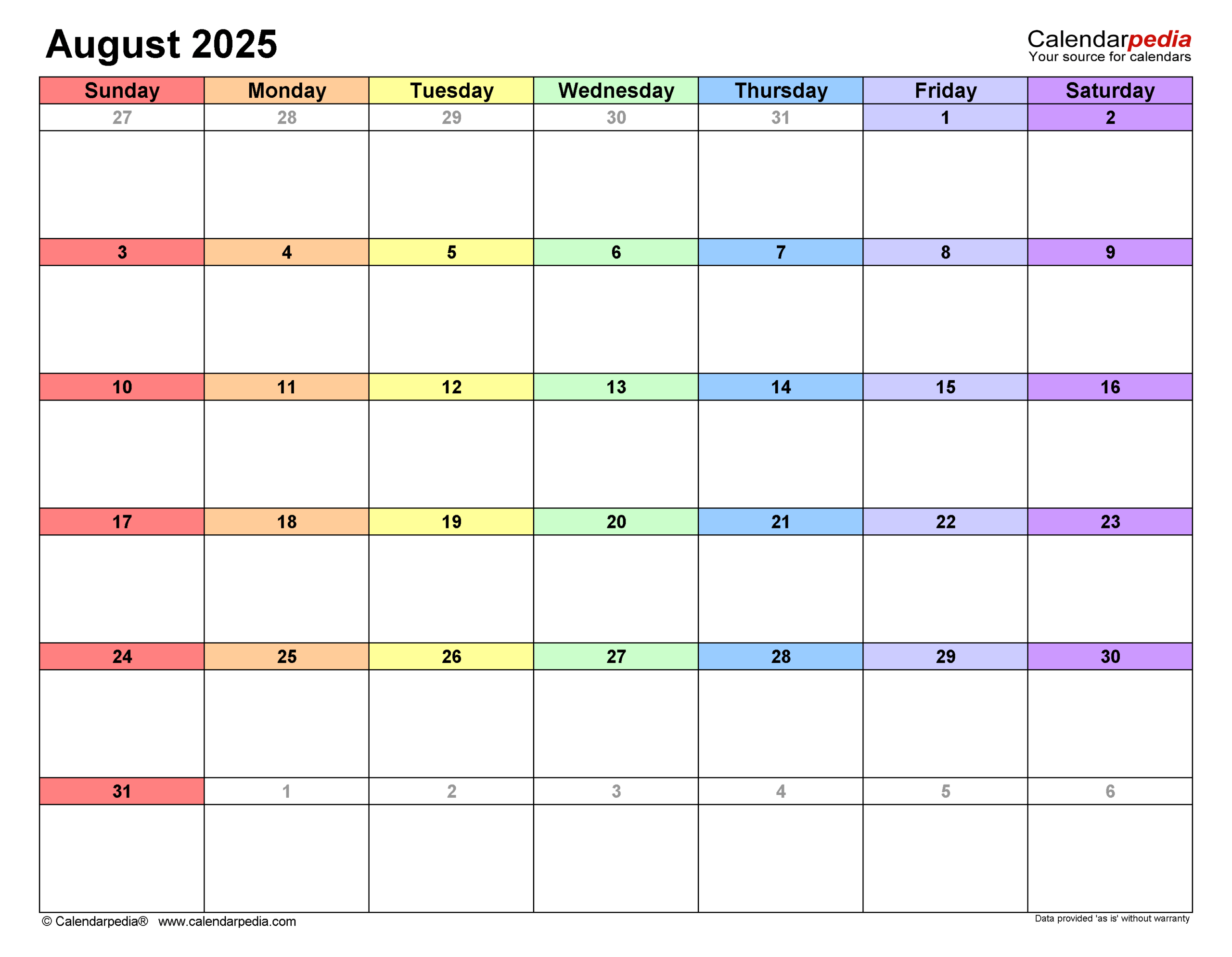 Editable Calendar August 2025