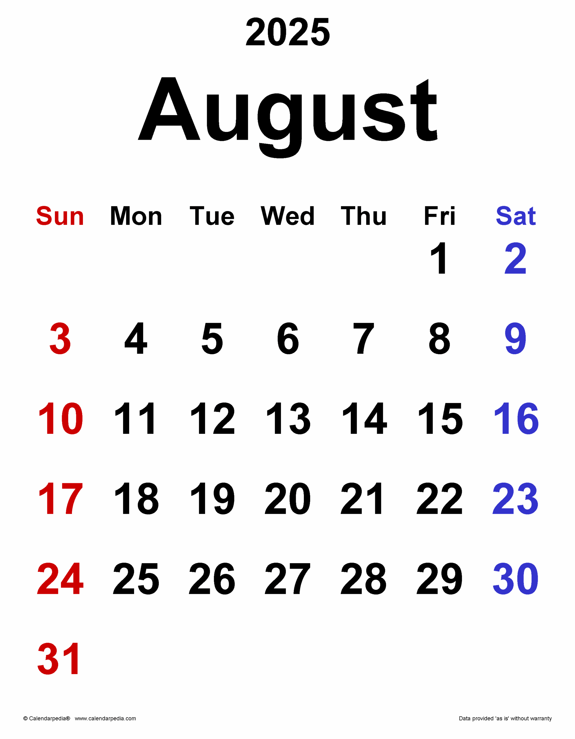August 2025 Calendar Templates For PDF Excel And Word