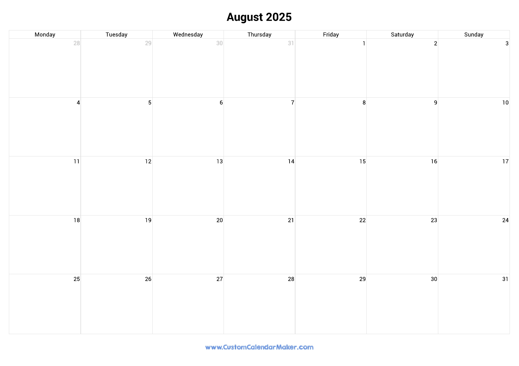August 2025 Monday Start Calendar Monday To Sunday Custom Calendar Maker