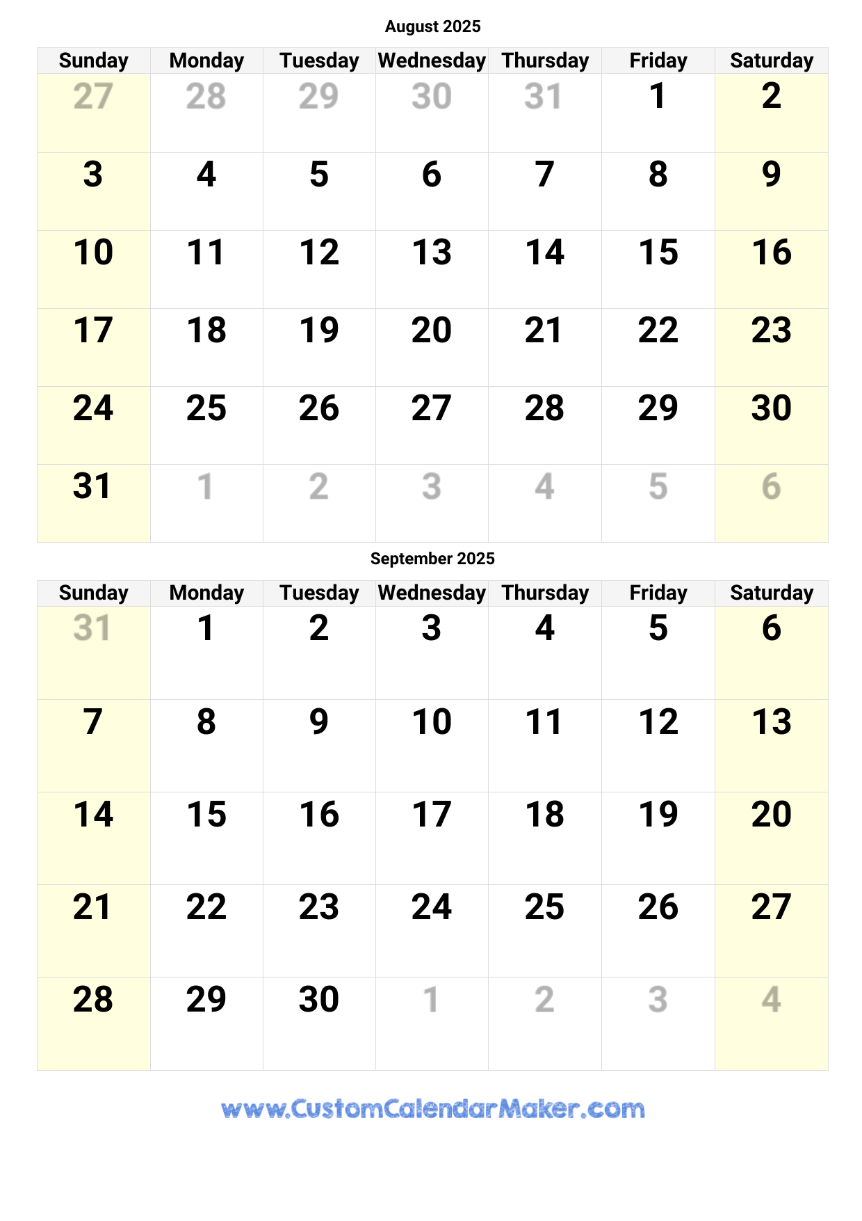 September 2025-August 2026 Calendar