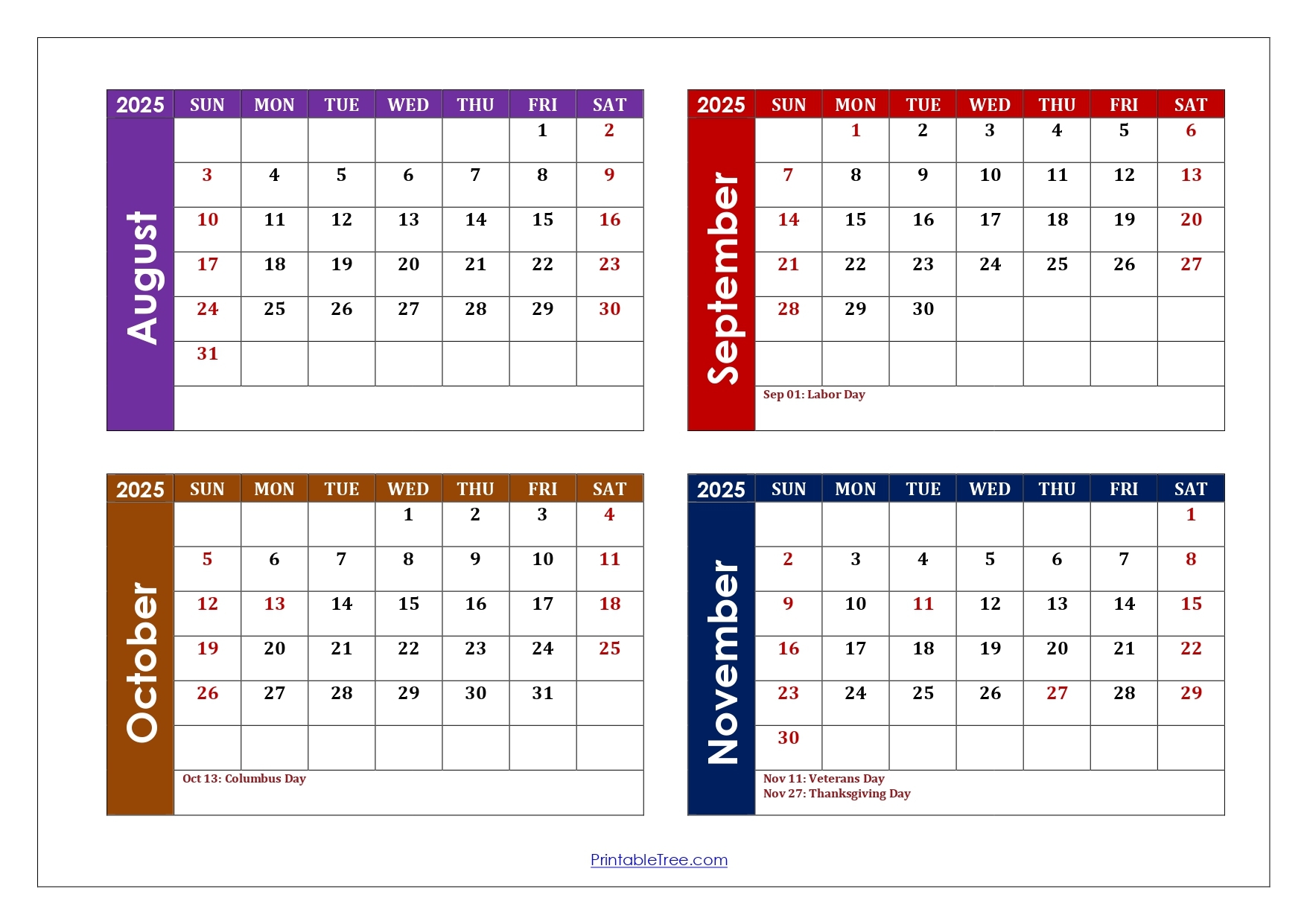 August To November 2025 Calendar Printable PDF Four Months Calendar