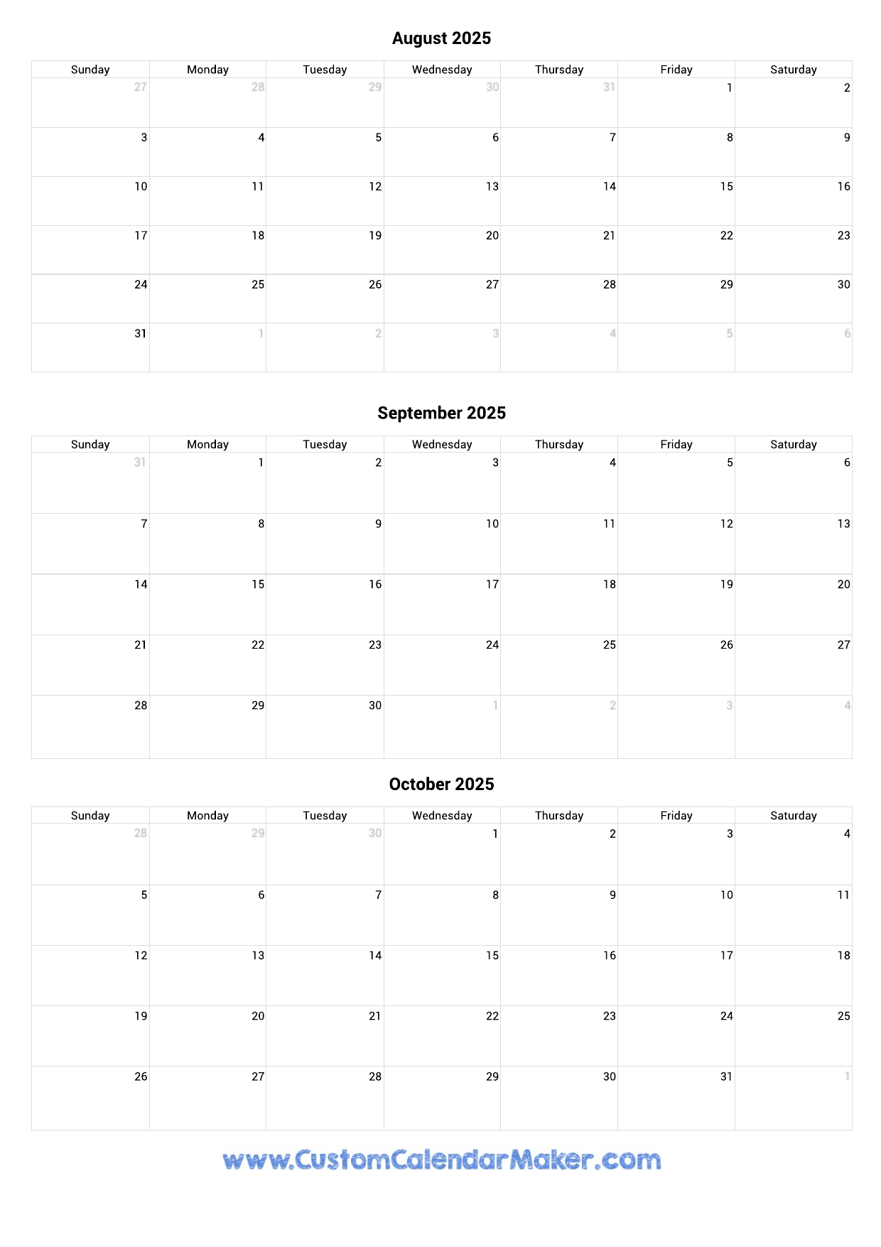 August September And October 2025 Calendar