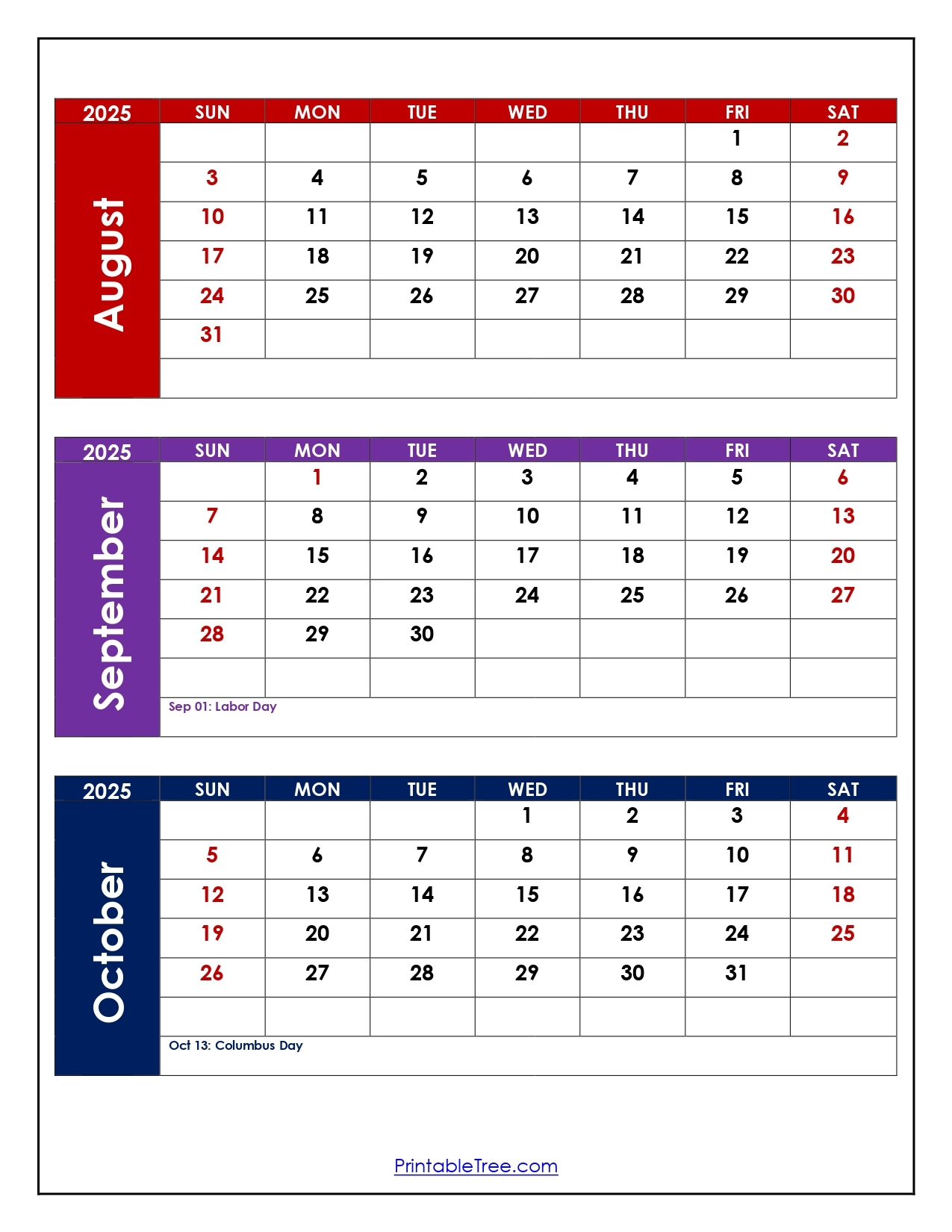 Calendar August September October November December 2025