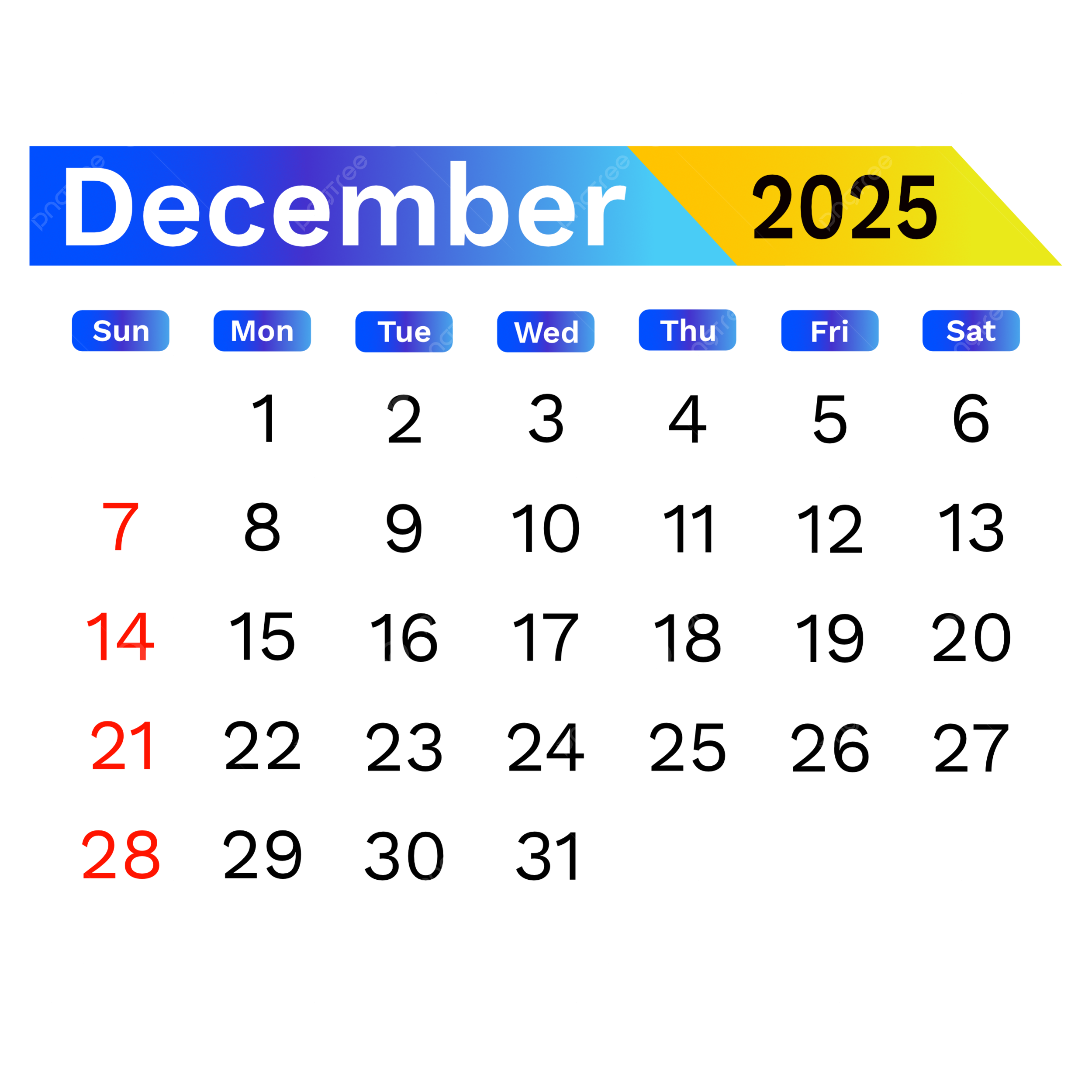 Calendar 2025 December Vector Calendar December 2025 PNG And Vector With Transparent Background For Free Download