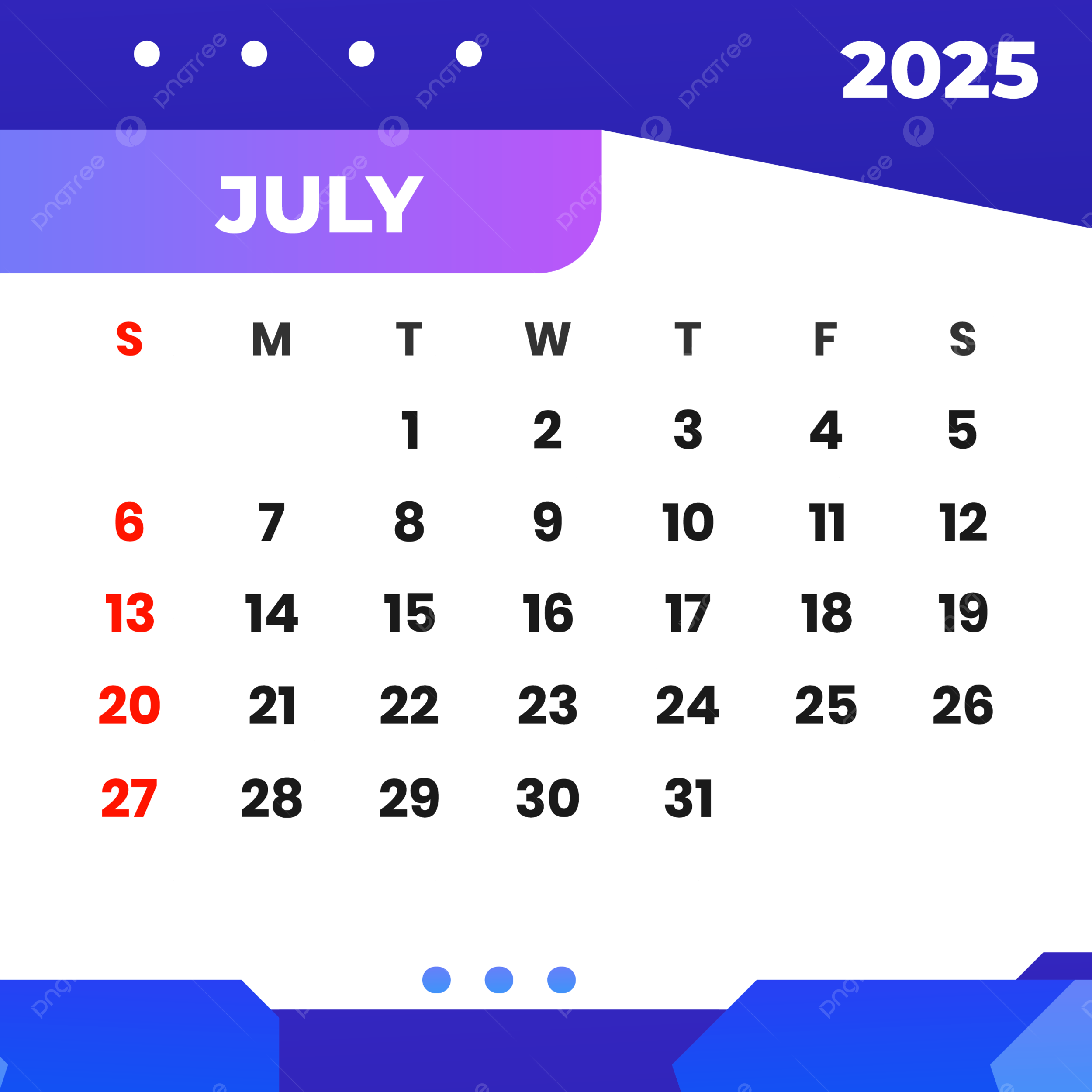 Calendar 2025 July Month Blue Gradient Templates Clipart Vector 