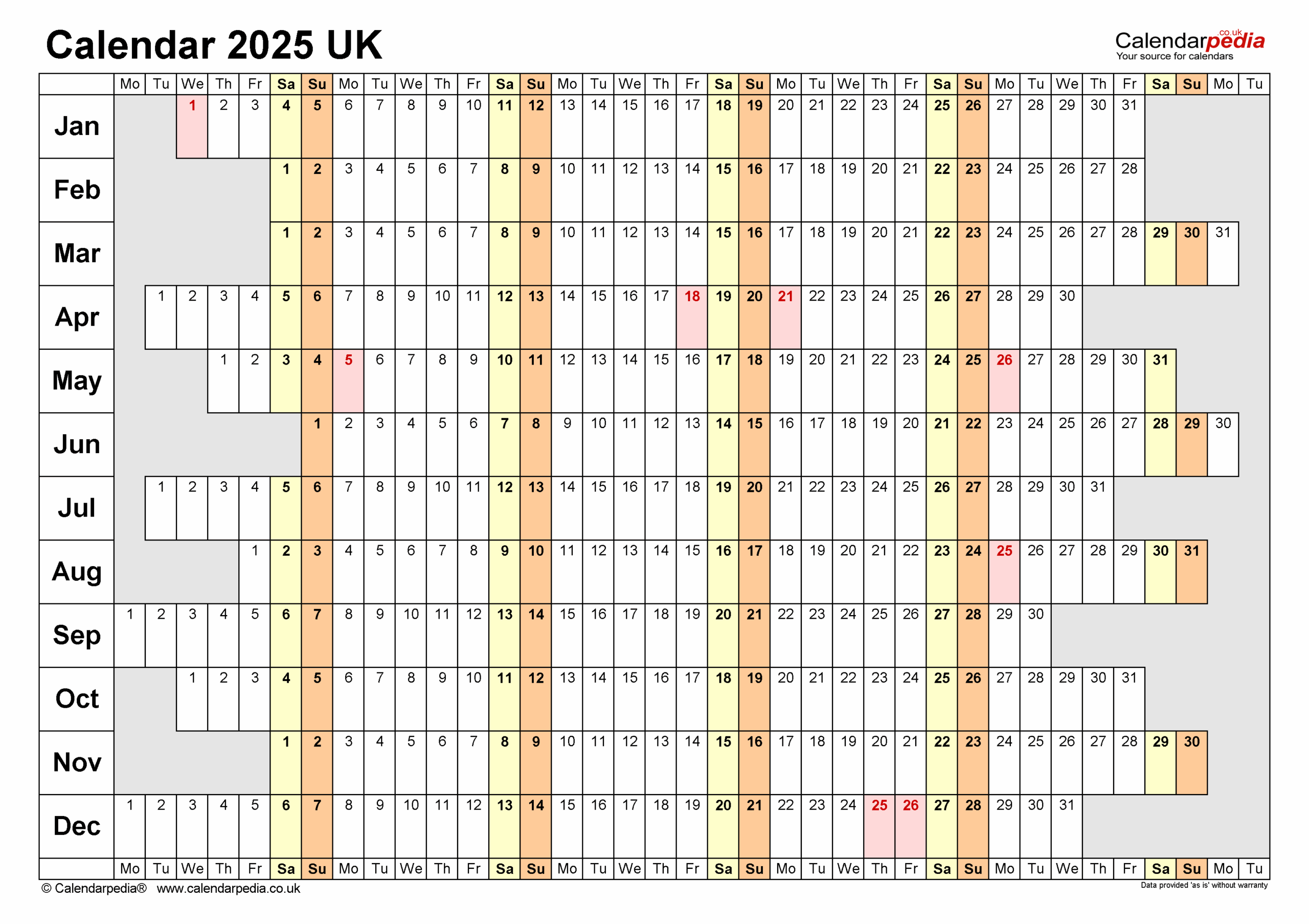 Calendar 2025 UK Free Printable Microsoft Excel Templates