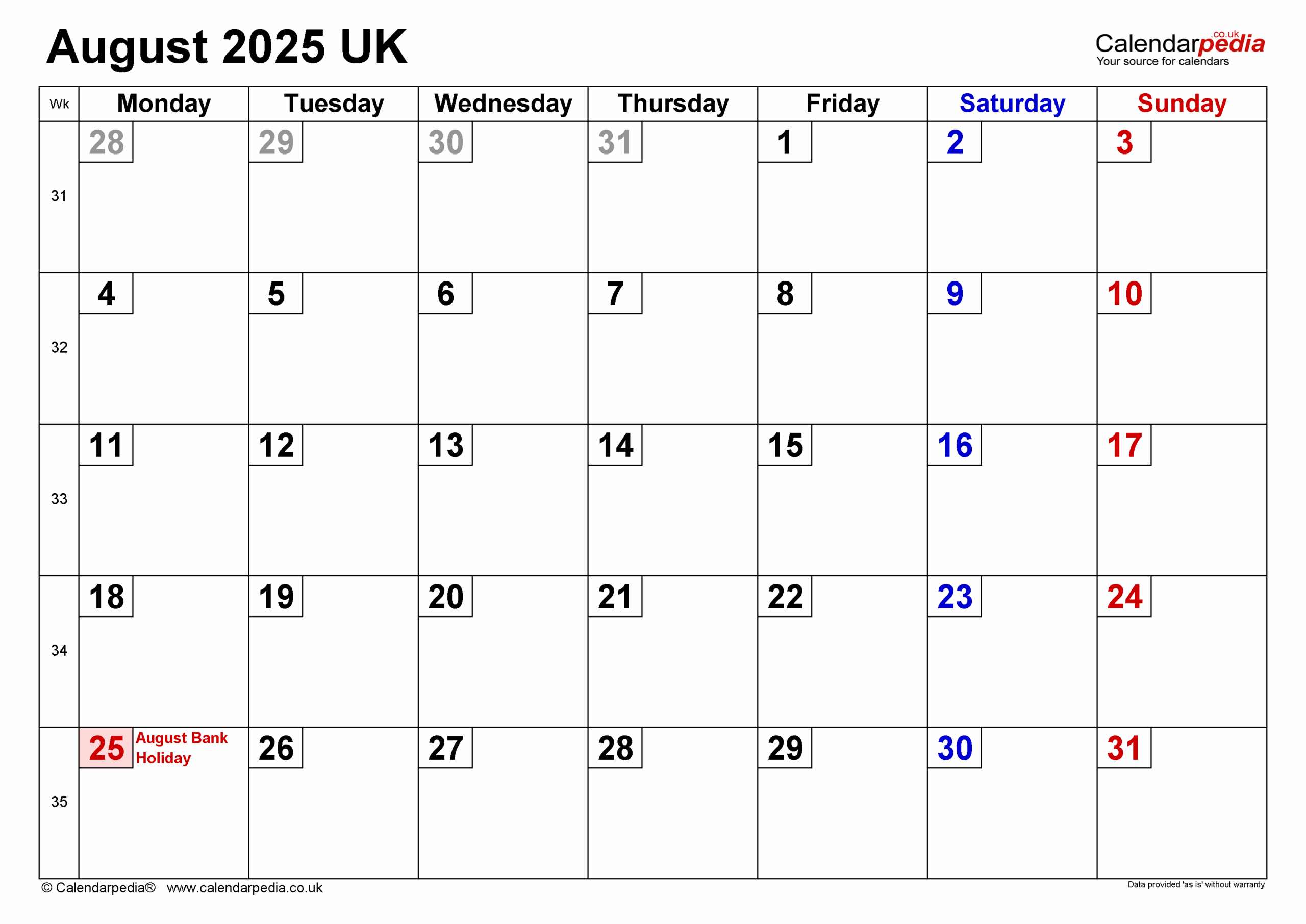Large August 2025 Calendar