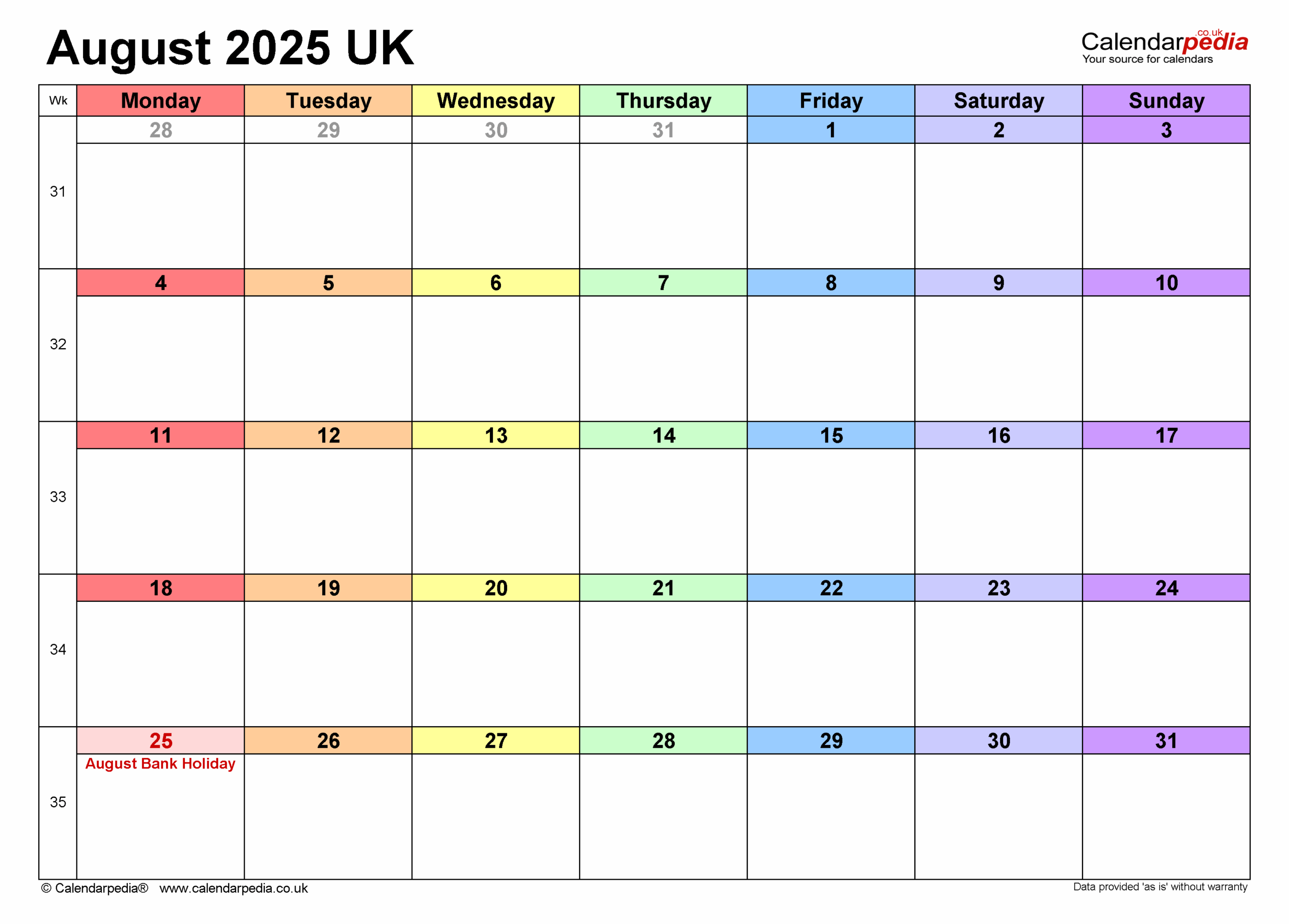 Calendar Template August 2025