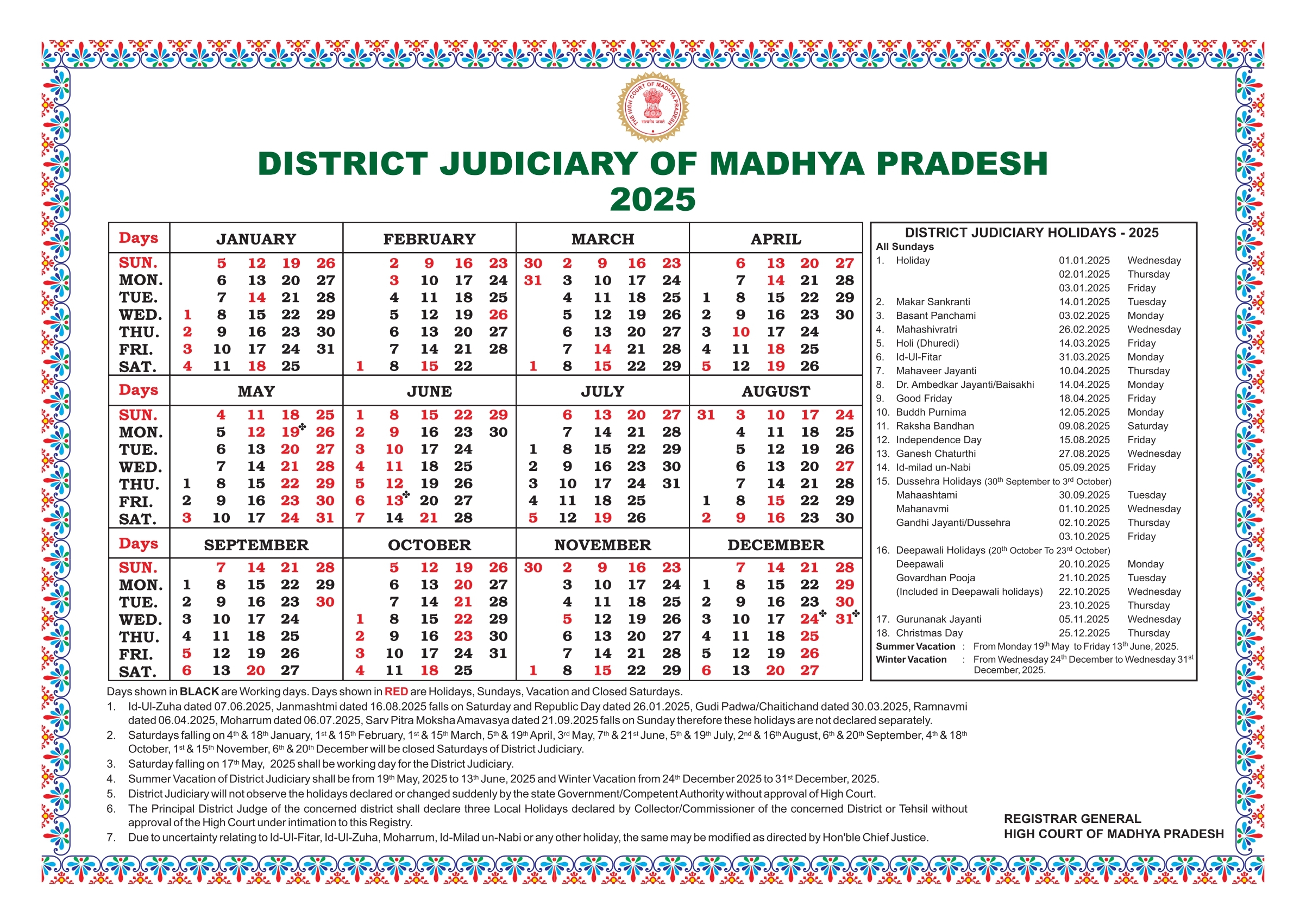Calendar High Court Of Madhya Pradesh